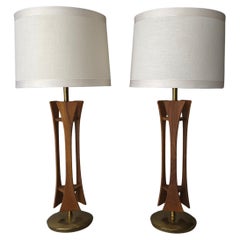 Pair of Mid Century Walnut and Brass Table Lamps