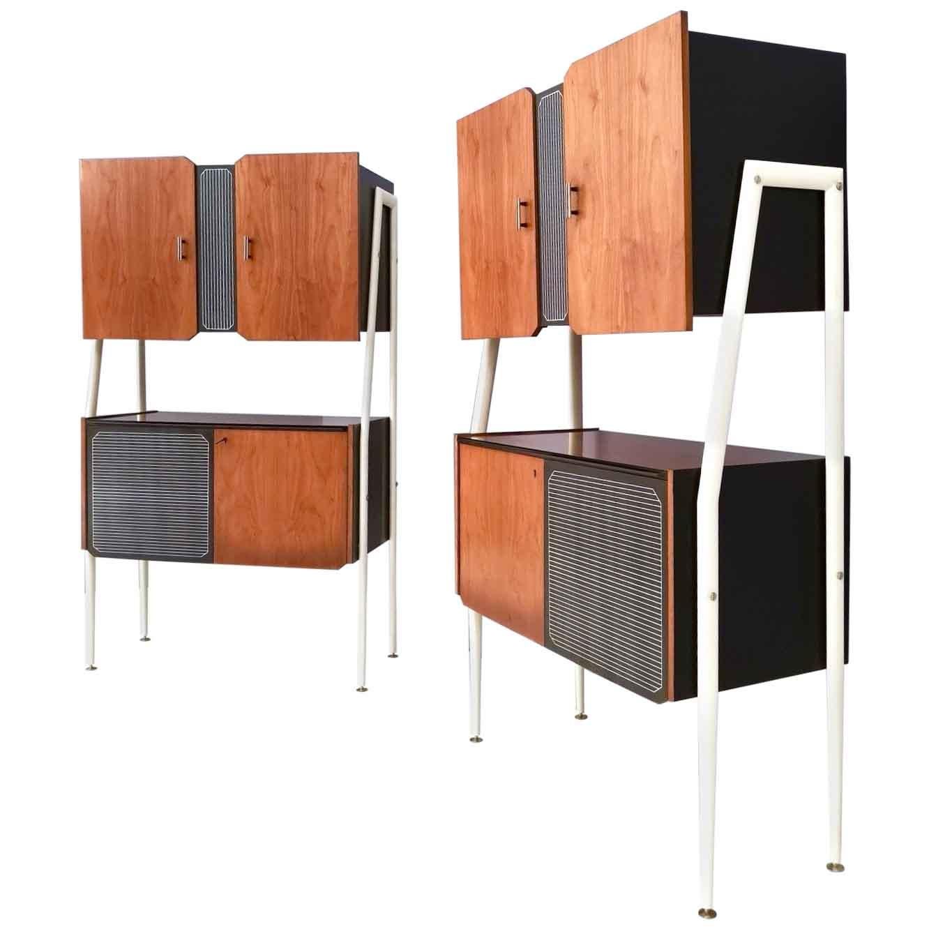 Pair of Midcentury Walnut and Lacquered Wood Cabinets, Italy, 1950s