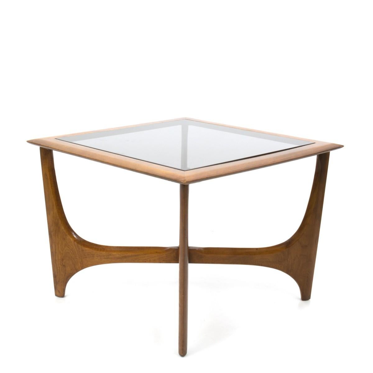 Mid-Century Modern Pair of Mid-Century Walnut and Smoked Glass End Tables wth Square Tops