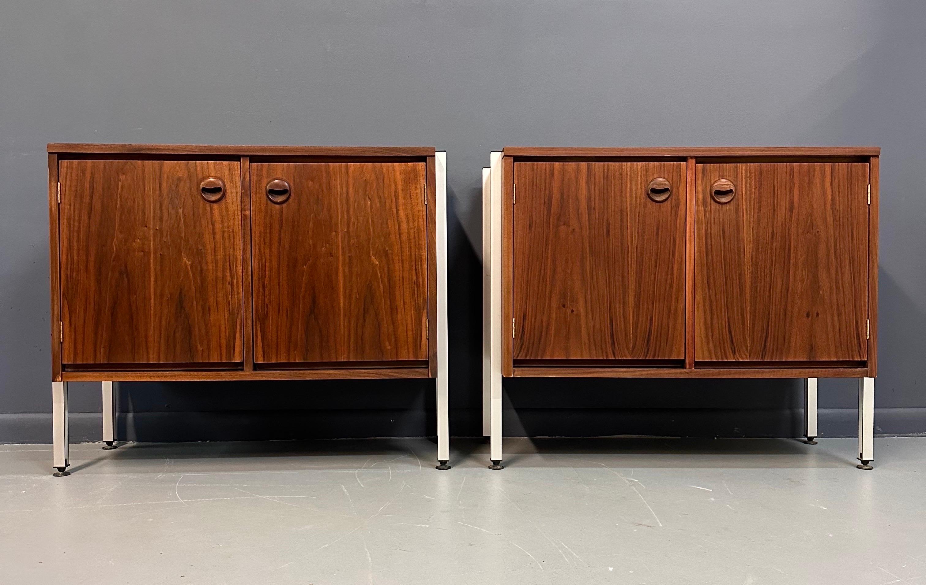 Mid-Century Modern Pair of Midcentury Walnut Cabinets with Exposed Aluminum Legs Style of Wormley