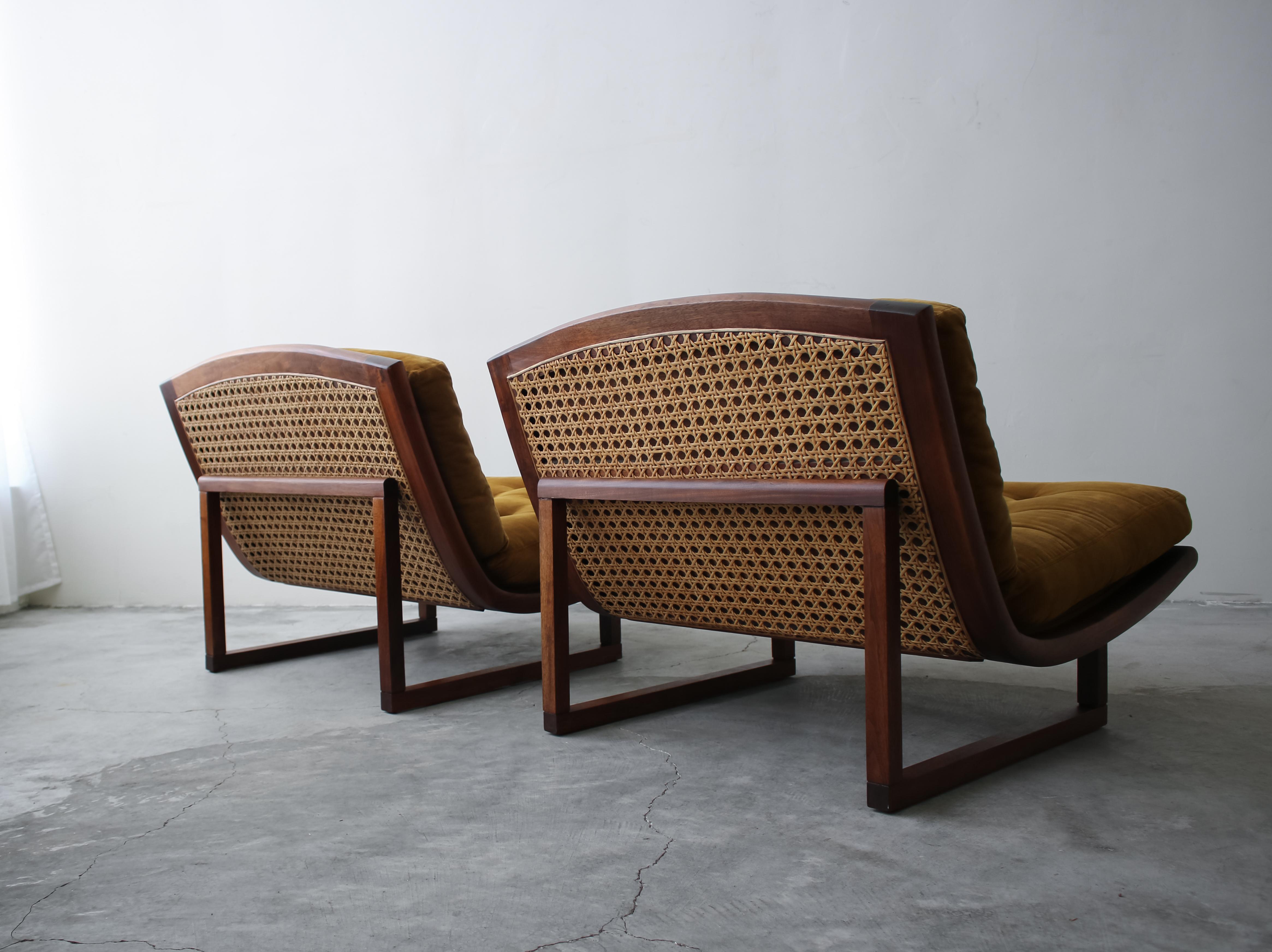 Mid-Century Modern Pair of Midcentury Walnut and Cane Armless Scoop Lounge Chairs