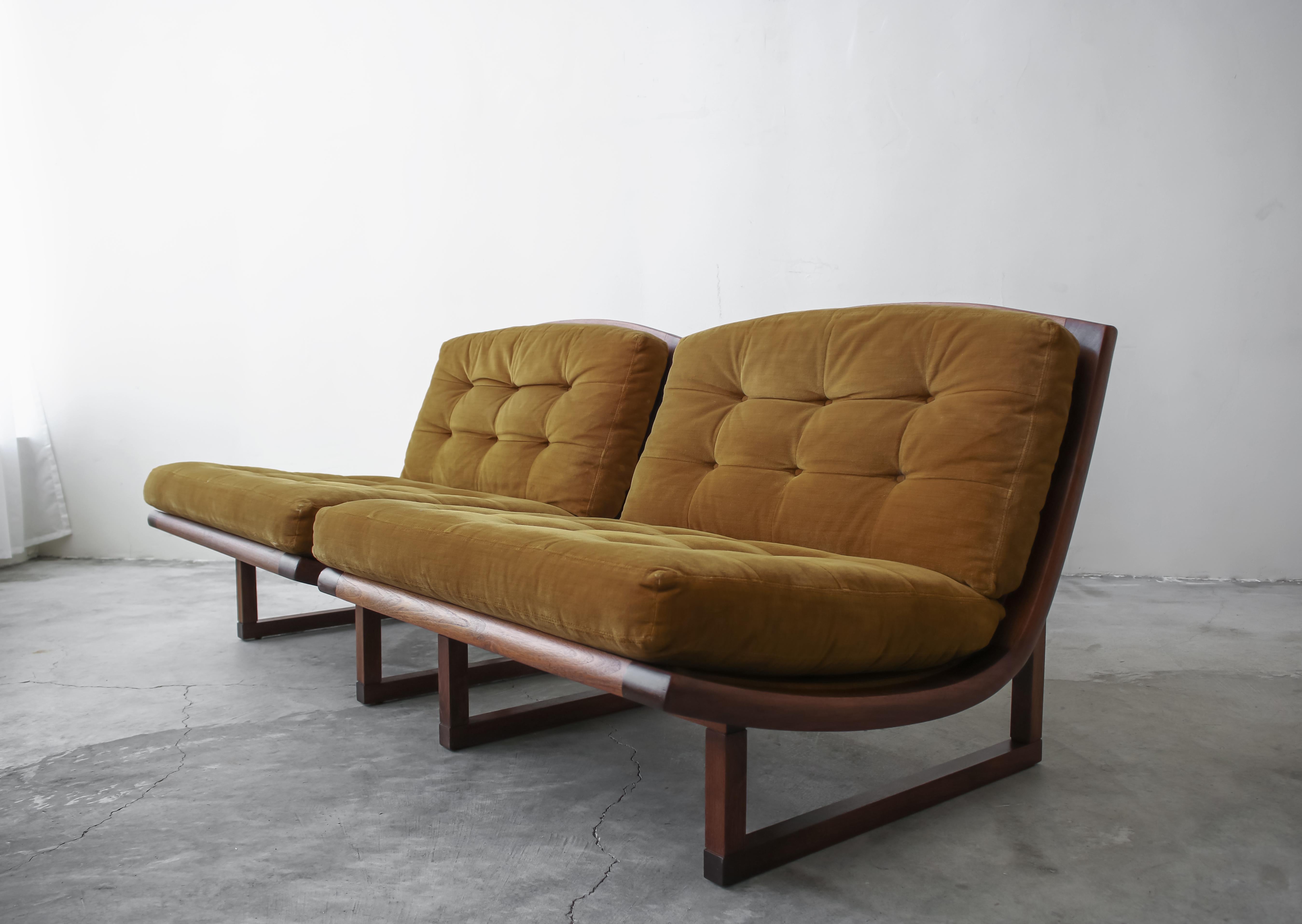 20th Century Pair of Midcentury Walnut and Cane Armless Scoop Lounge Chairs