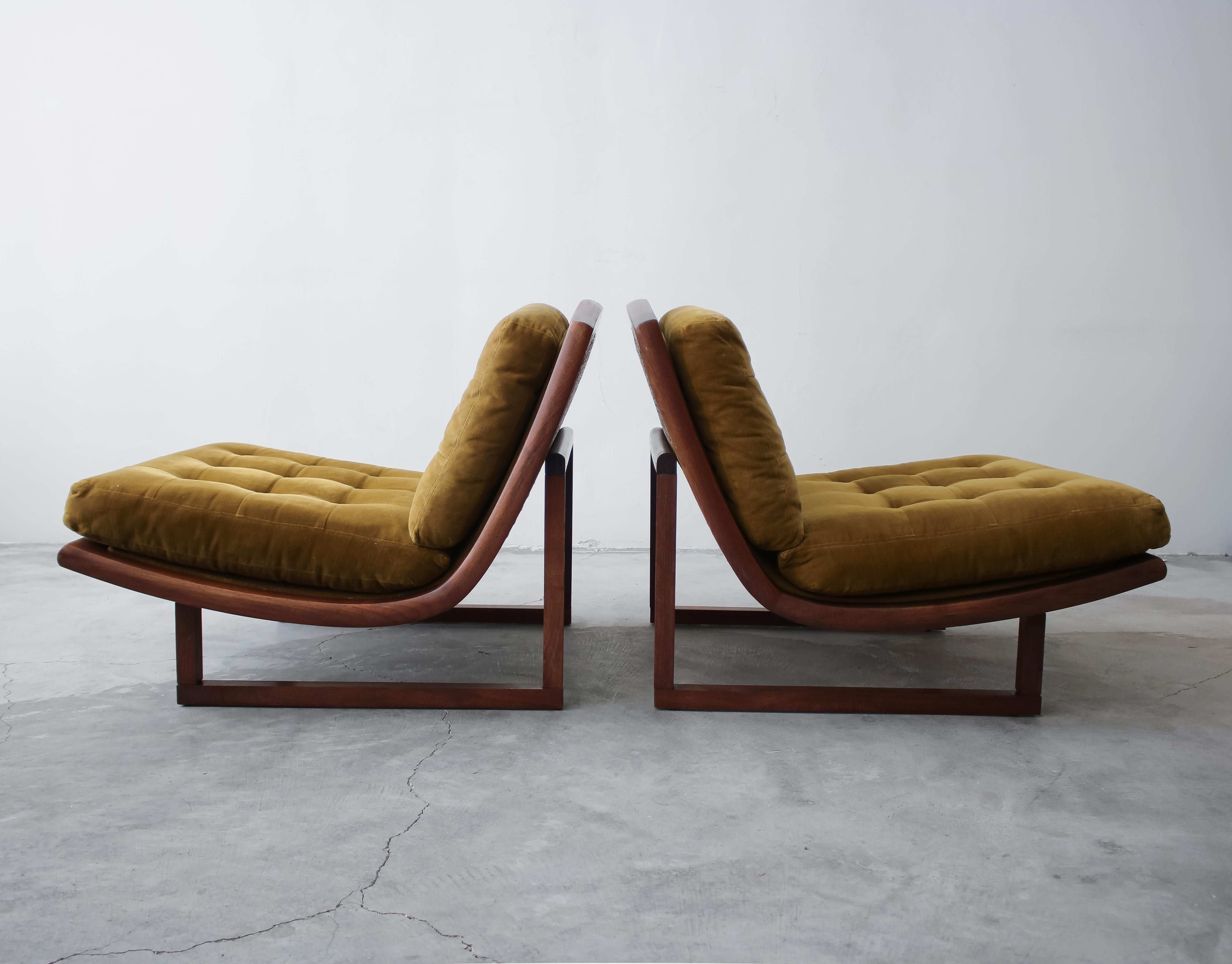 Pair of Midcentury Walnut and Cane Armless Scoop Lounge Chairs 1