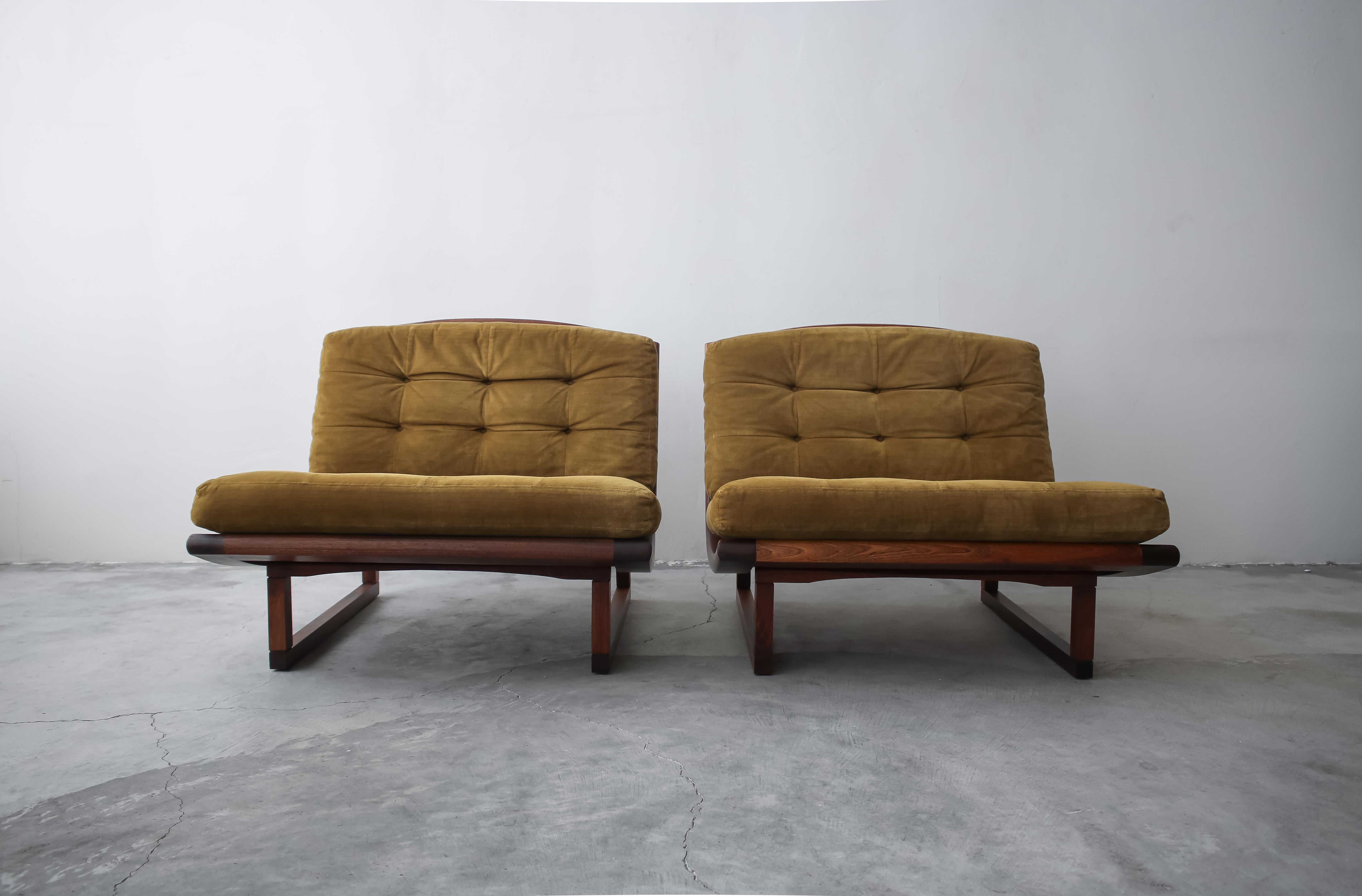 Pair of Midcentury Walnut and Cane Armless Scoop Lounge Chairs 2