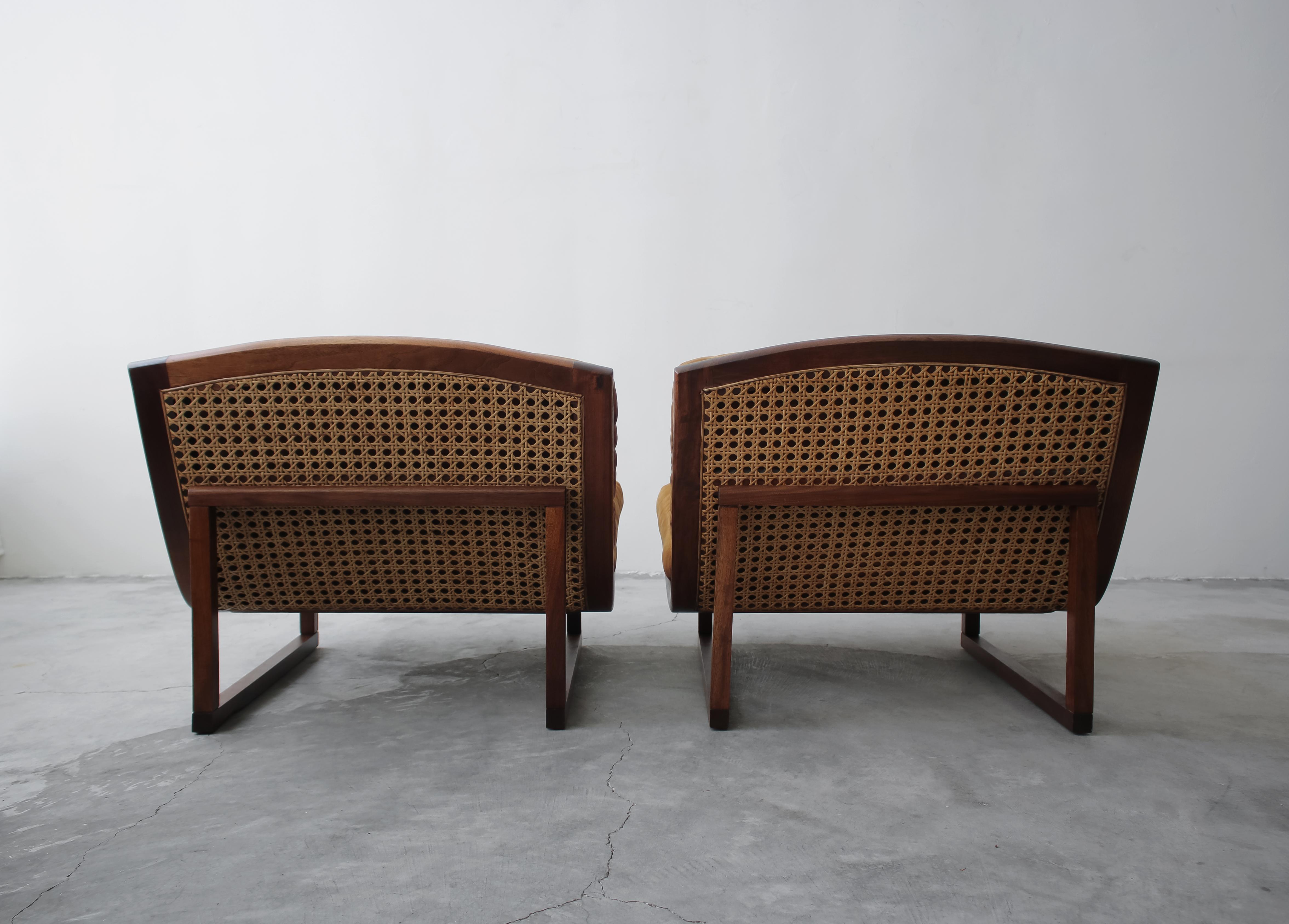 Pair of Midcentury Walnut and Cane Armless Scoop Lounge Chairs 3