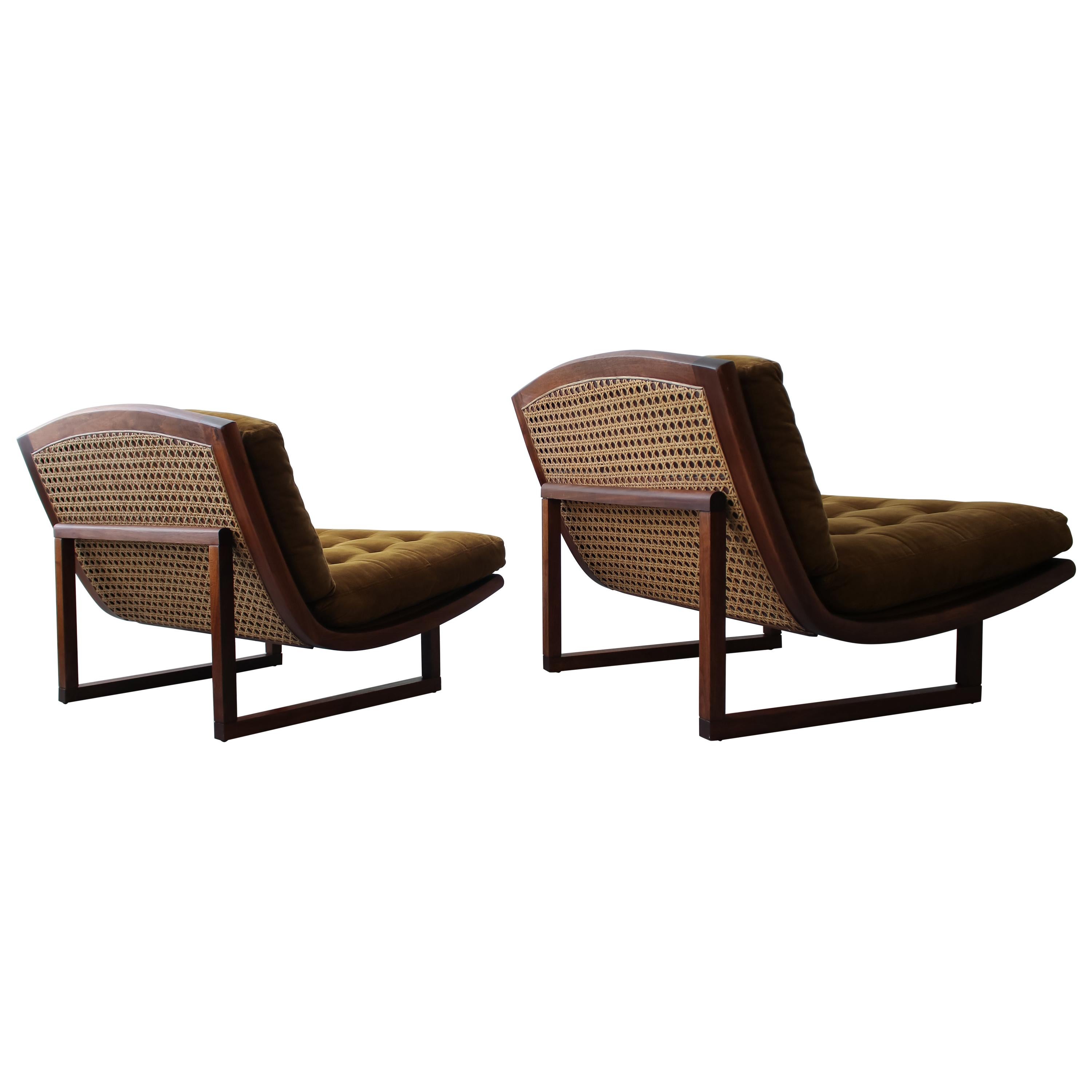 Pair of Midcentury Walnut and Cane Armless Scoop Lounge Chairs
