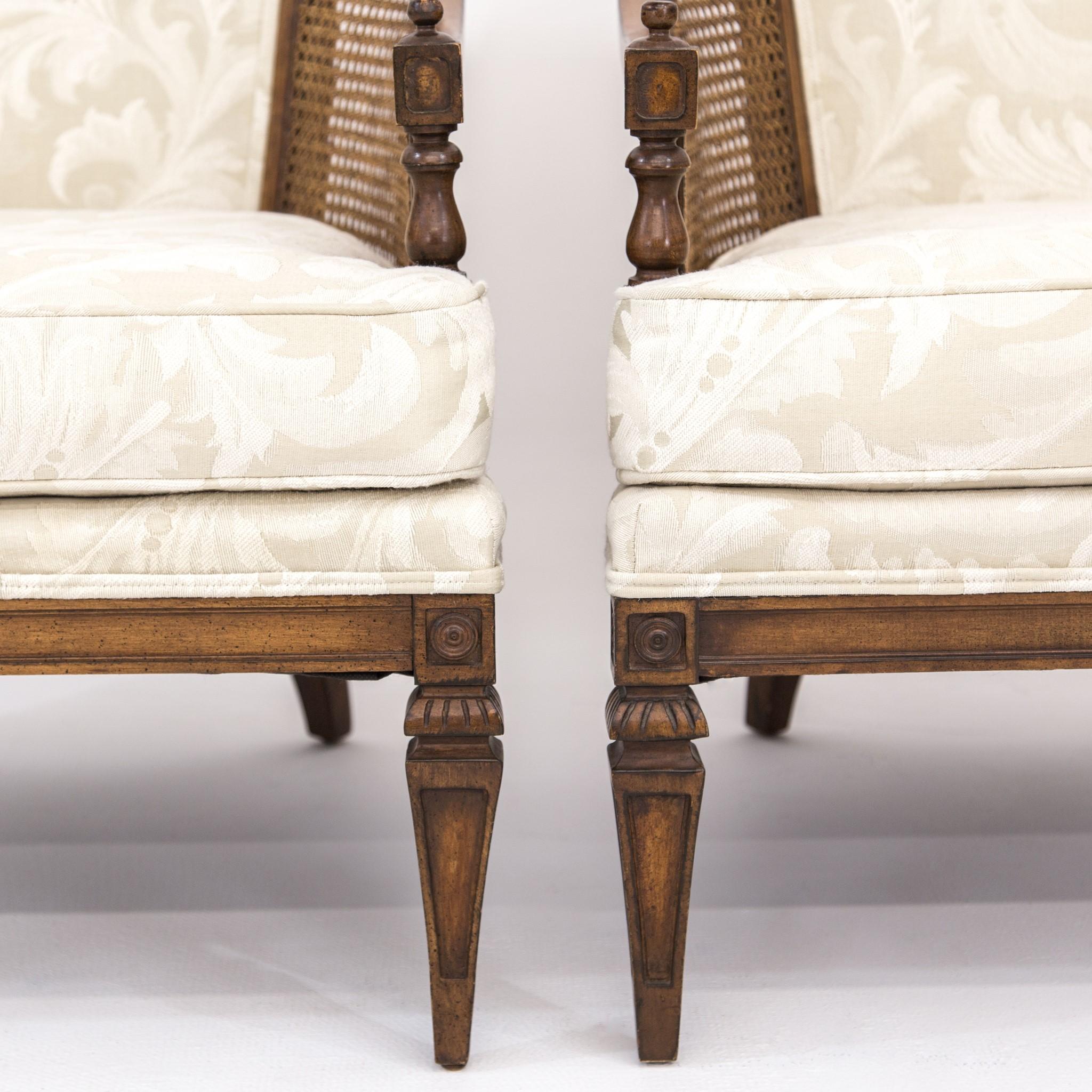 Pair of Mid-Century Walnut & Cane Barrel Back Club Chairs with White Upholstery 6
