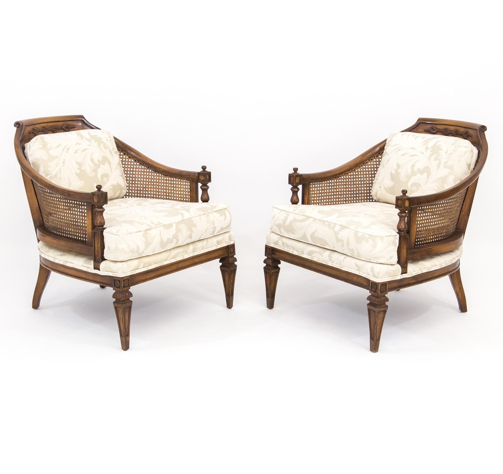 Pair of Mid-Century Walnut & Cane Barrel Back Club Chairs with White Upholstery 7