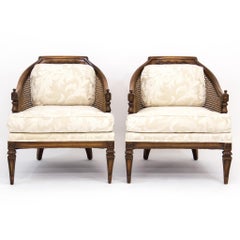 Pair of Mid-Century Walnut & Cane Barrel Back Club Chairs with White Upholstery
