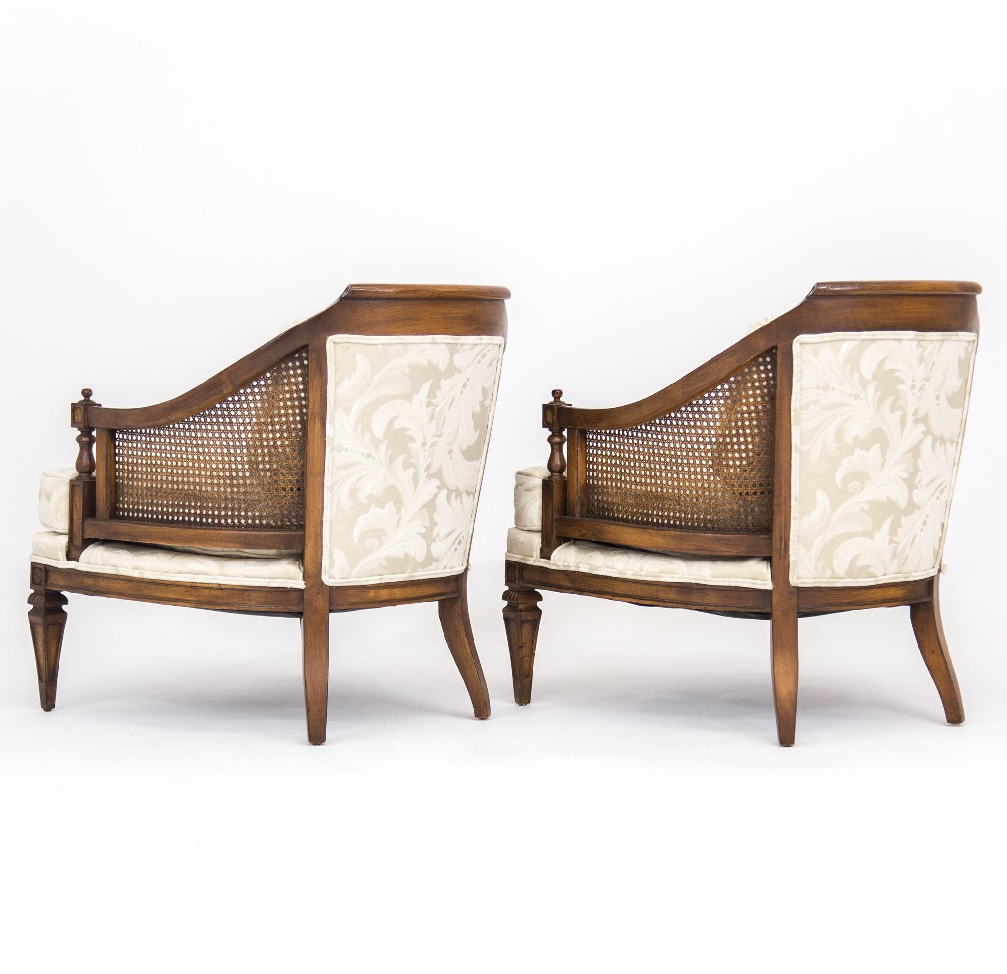 Louis XVI Pair of Mid-Century Walnut & Cane Barrel Back Club Chairs with White Upholstery