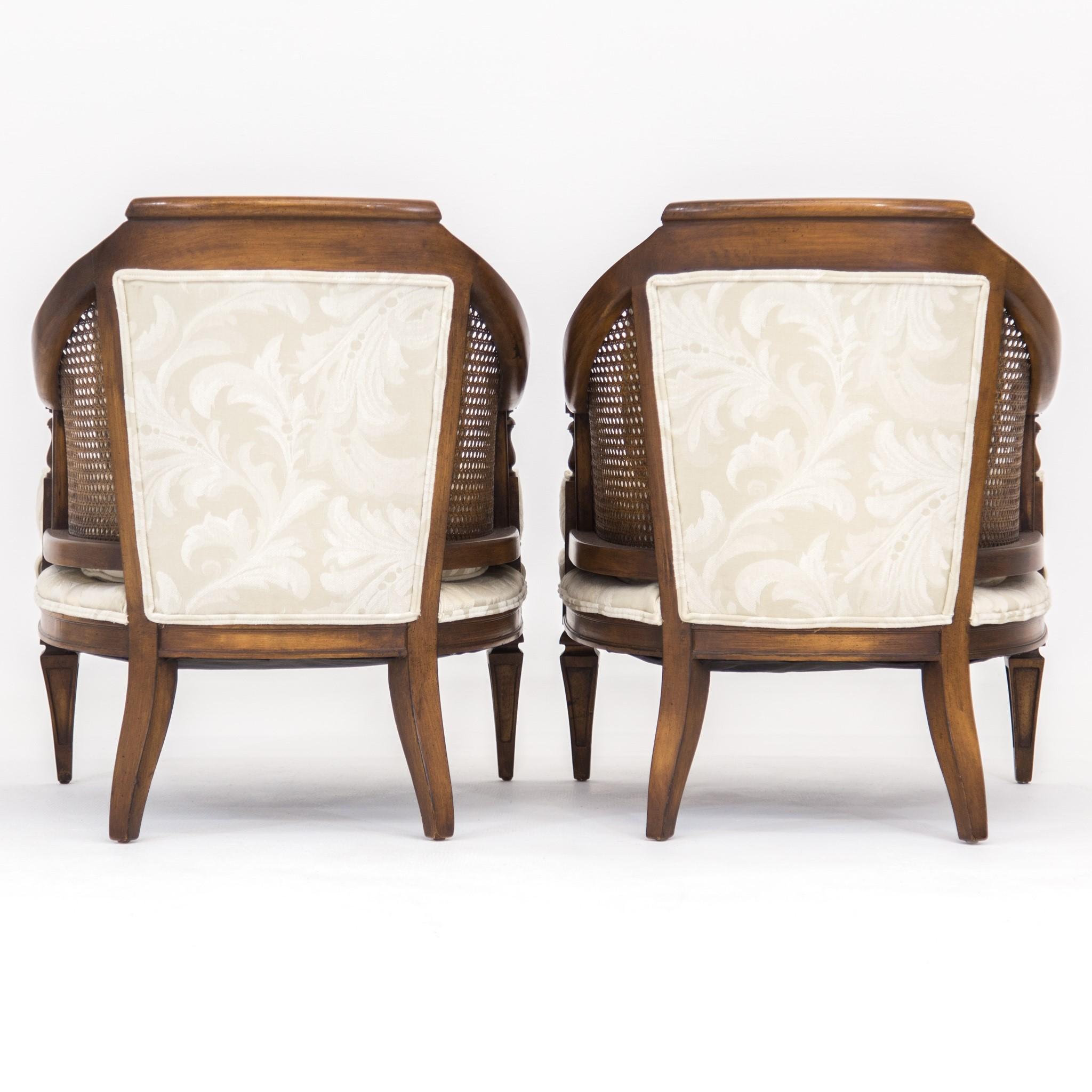 Carved Pair of Mid-Century Walnut & Cane Barrel Back Club Chairs with White Upholstery