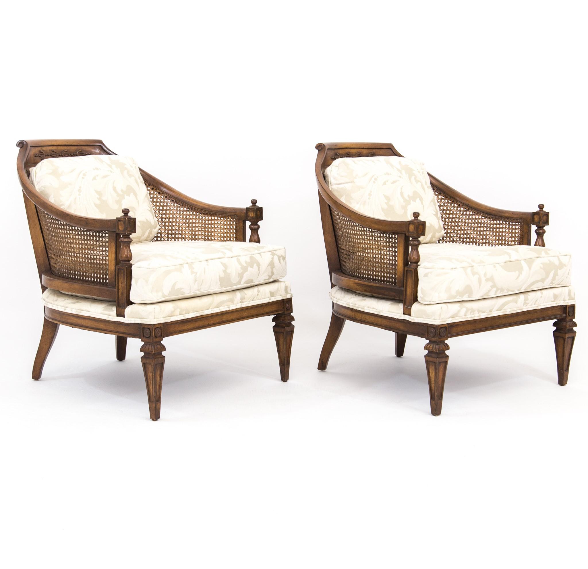 Pair of Mid-Century Walnut & Cane Barrel Back Club Chairs with White Upholstery In Good Condition In Baltimore, MD