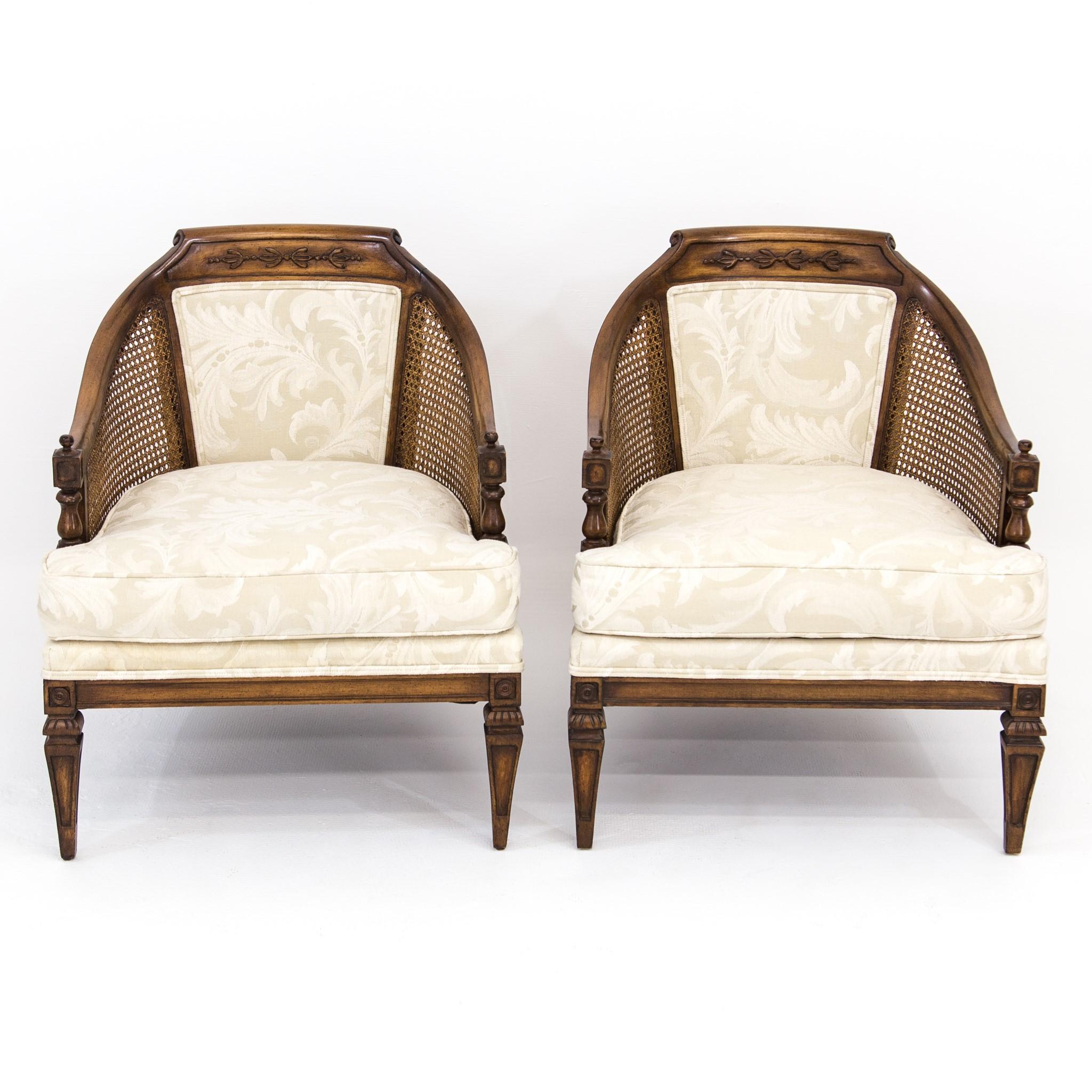 20th Century Pair of Mid-Century Walnut & Cane Barrel Back Club Chairs with White Upholstery