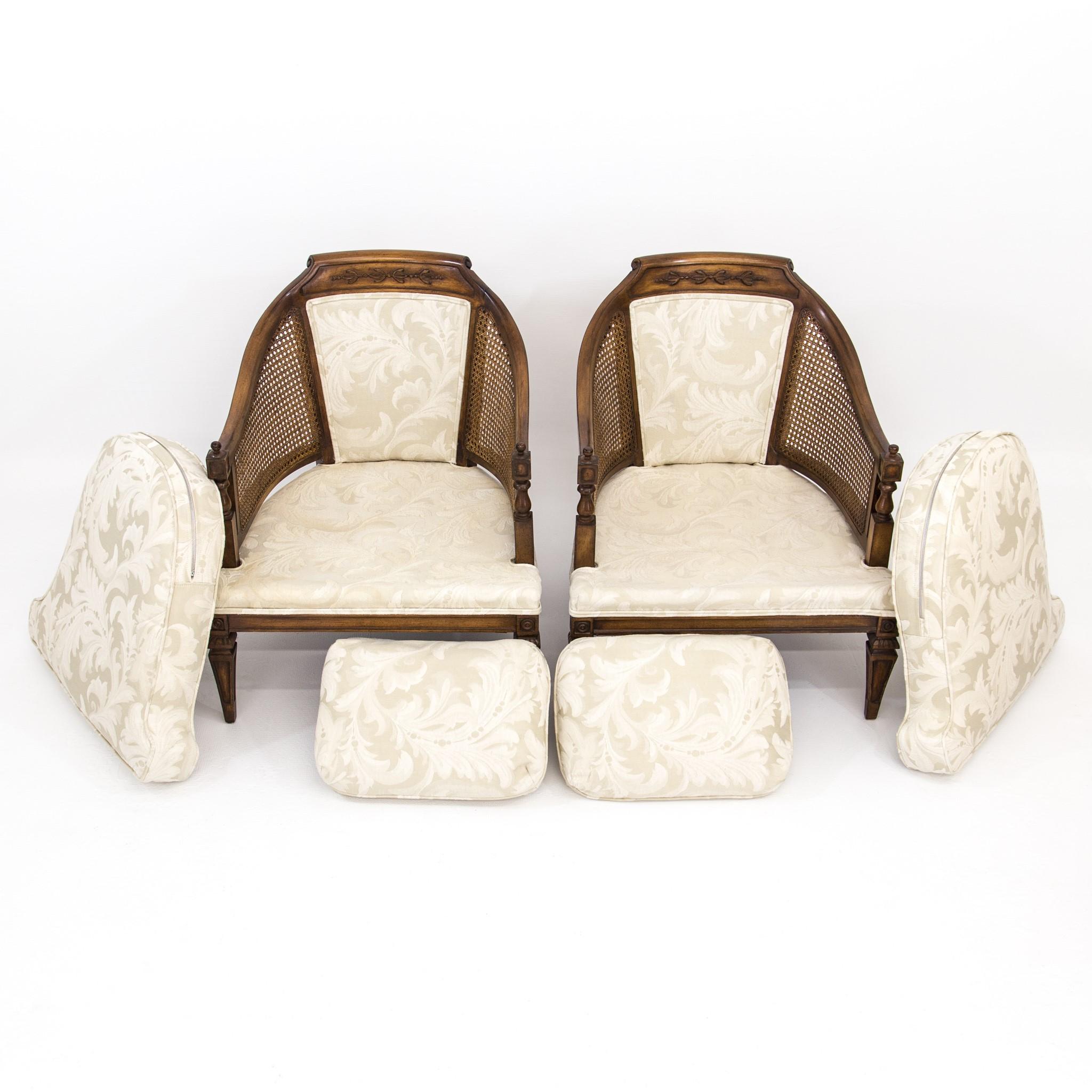 Pair of Mid-Century Walnut & Cane Barrel Back Club Chairs with White Upholstery 1