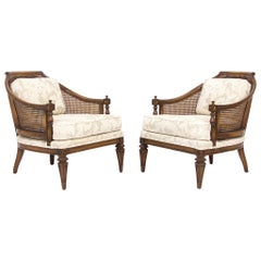Vintage Pair of Mid-Century Walnut & Cane Barrel Back Club Chairs with White Upholstery