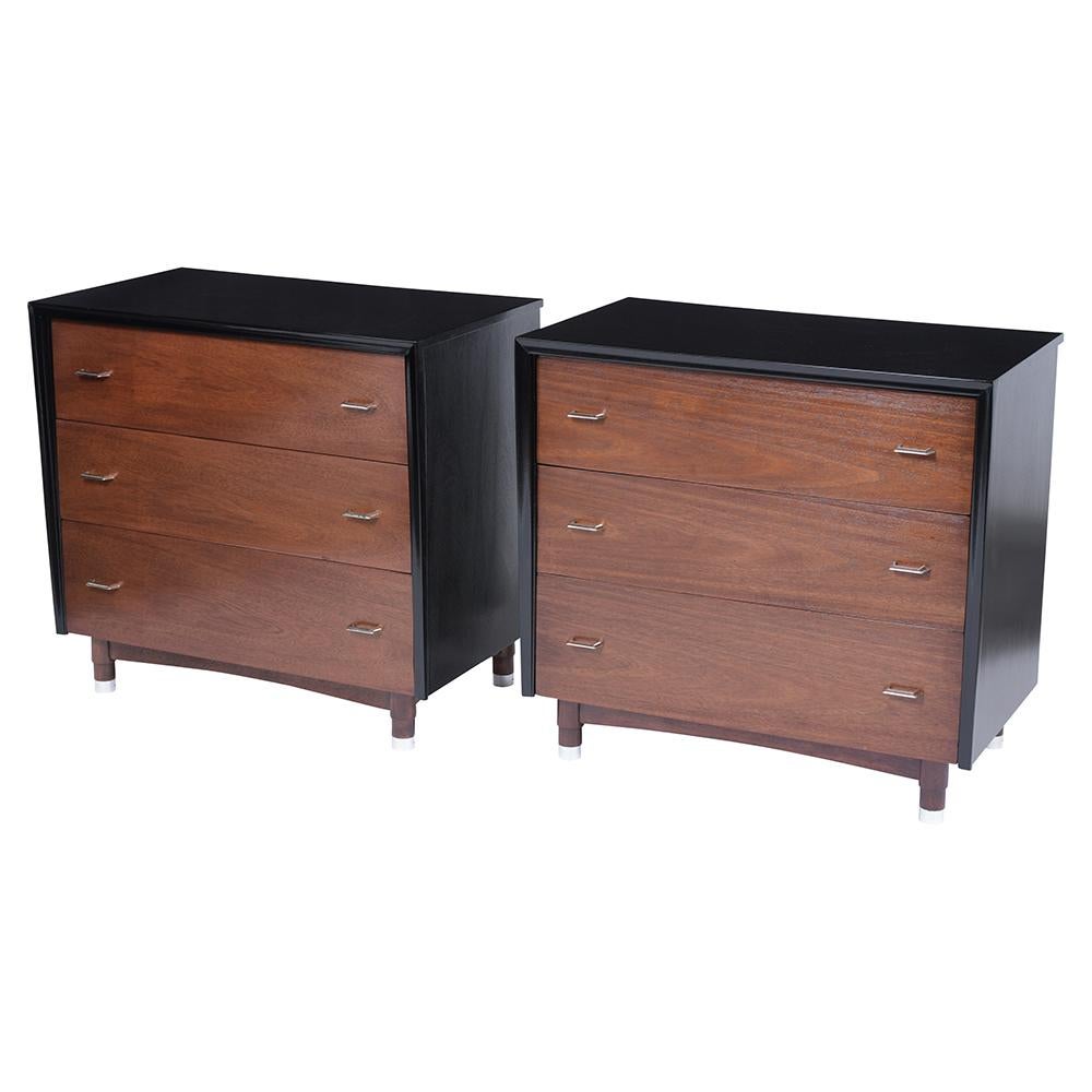 Step back into the elegant world of the 1960s with our beautifully restored Pair of Mid-Century Modern Dressers. Each dresser in this pair is a work of art, meticulously handcrafted from select mahogany wood and finished to perfection. They are