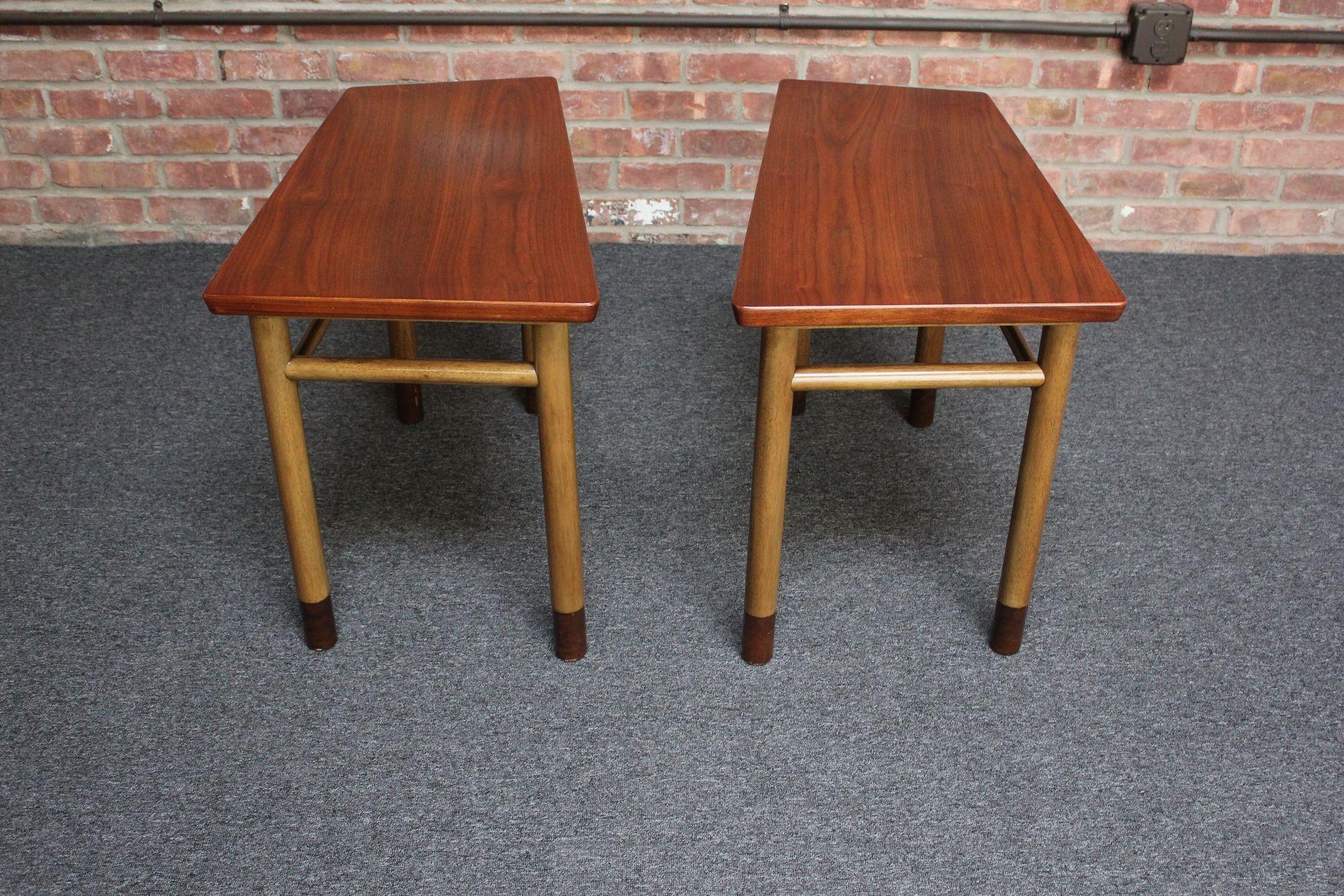 Pair of Mid-Century Walnut, Leather and Mahogany Wedge End Tables by Dunbar For Sale 13