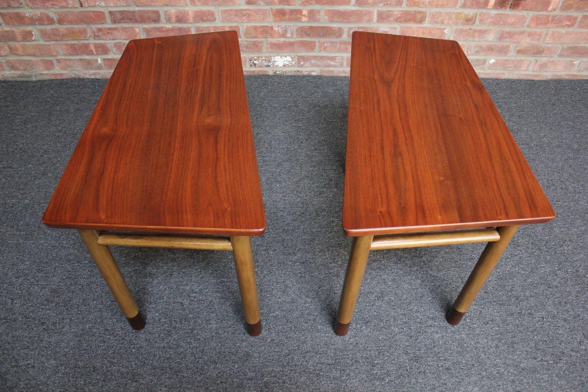 American Pair of Mid-Century Walnut, Leather and Mahogany Wedge End Tables by Dunbar For Sale