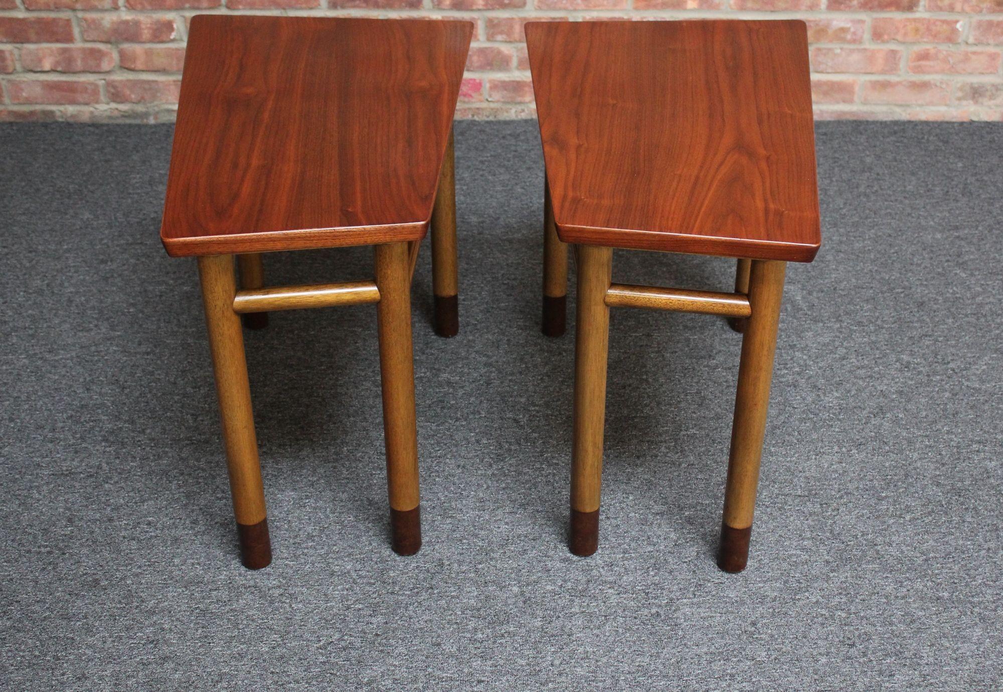 Pair of Mid-Century Walnut, Leather and Mahogany Wedge End Tables by Dunbar In Good Condition For Sale In Brooklyn, NY