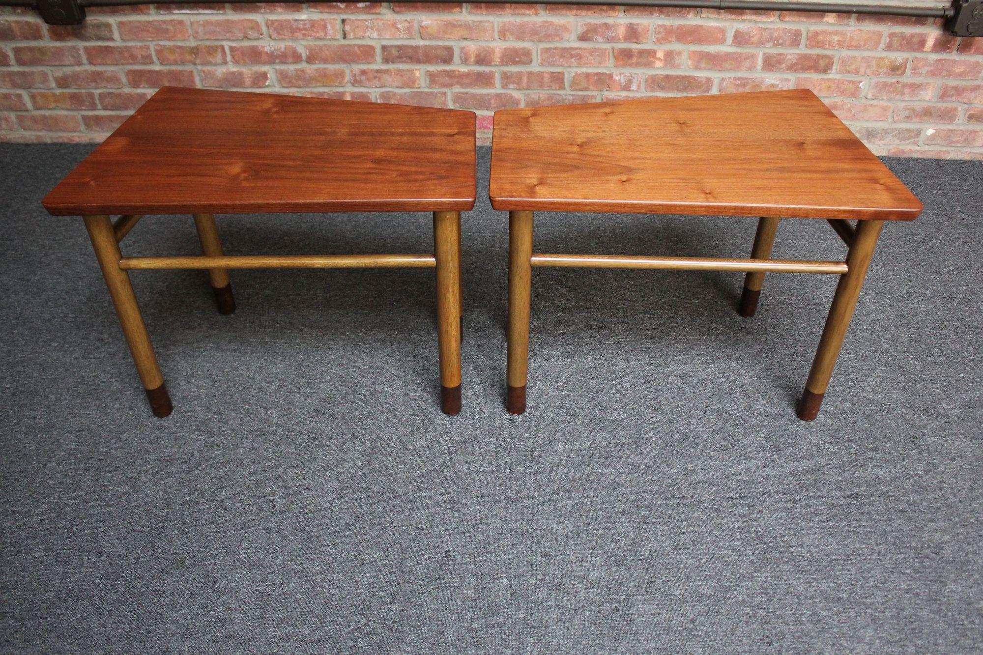 Pair of Mid-Century Walnut, Leather and Mahogany Wedge End Tables by Dunbar For Sale 1