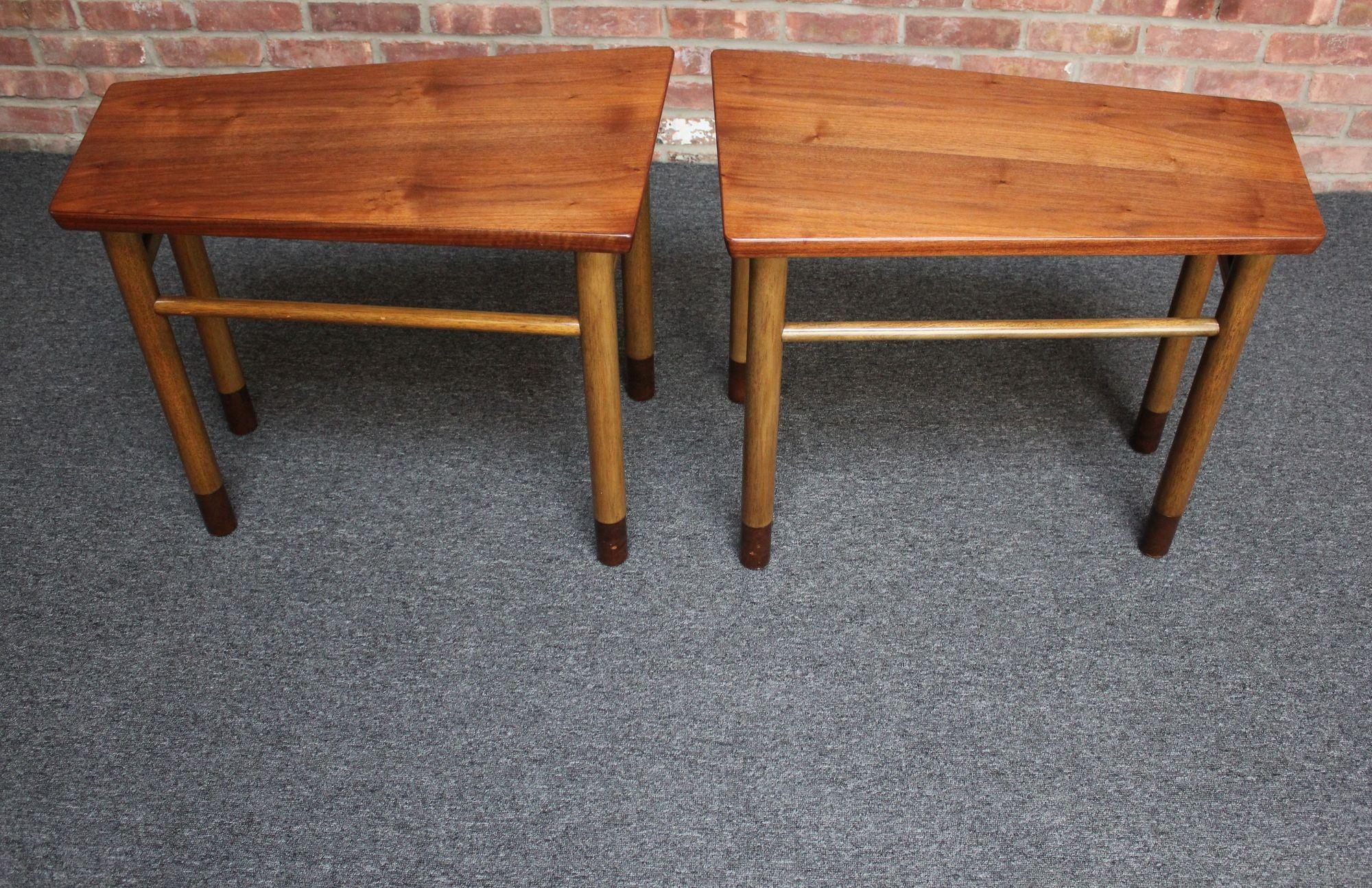 Pair of Mid-Century Walnut, Leather and Mahogany Wedge End Tables by Dunbar For Sale 2