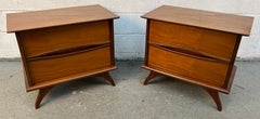 Pair of Mid-Century Walnut Nightstands With Sculpted Drawer Pulls