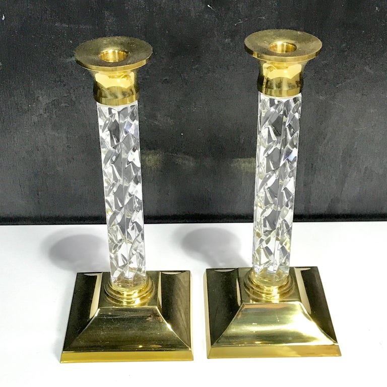 Pair of Midcentury Waterford Crystal and Brass Candlesticks For Sale at