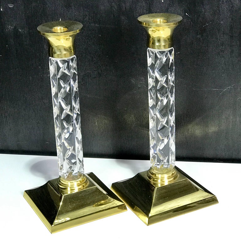 Pair of Midcentury Waterford Crystal and Brass Candlesticks For Sale at