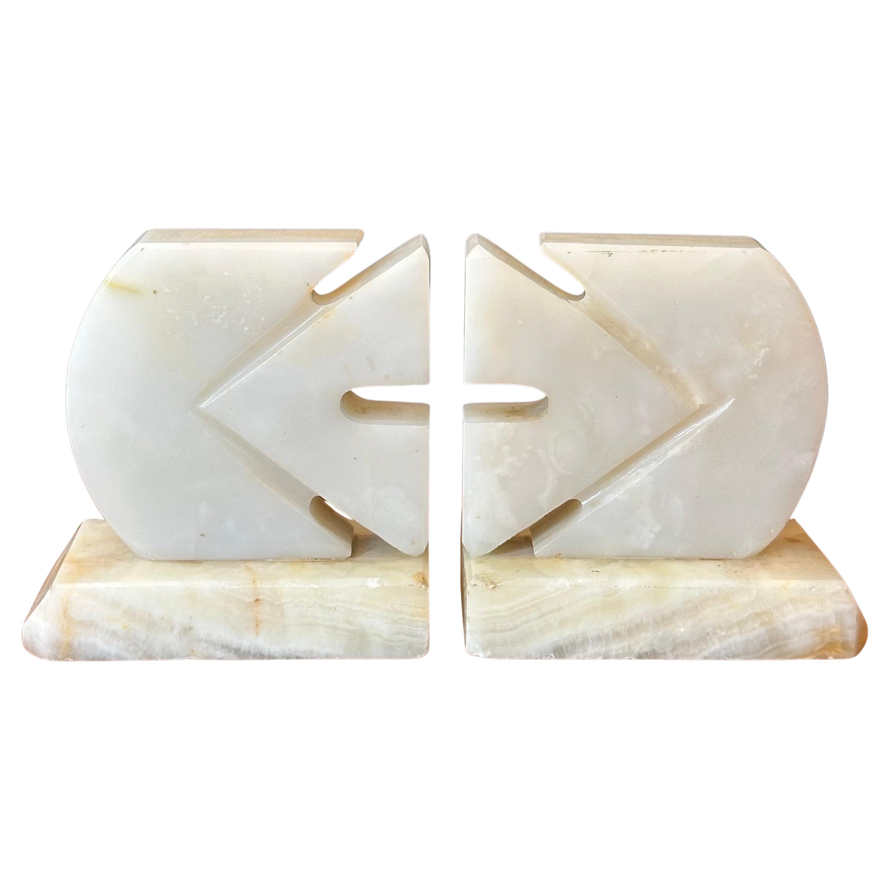 American Pair of Mid-Century White Alabaster Sculptural Fish Bookends For Sale