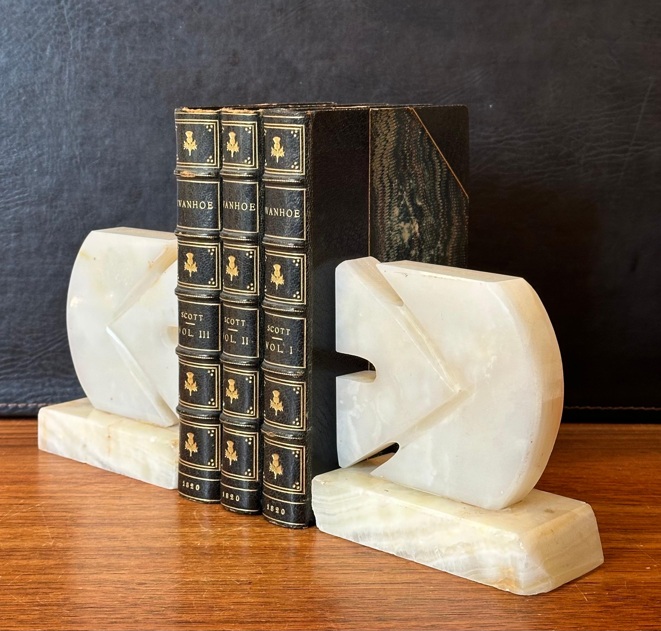 Pair of Mid-Century White Alabaster Sculptural Fish Bookends For Sale 1