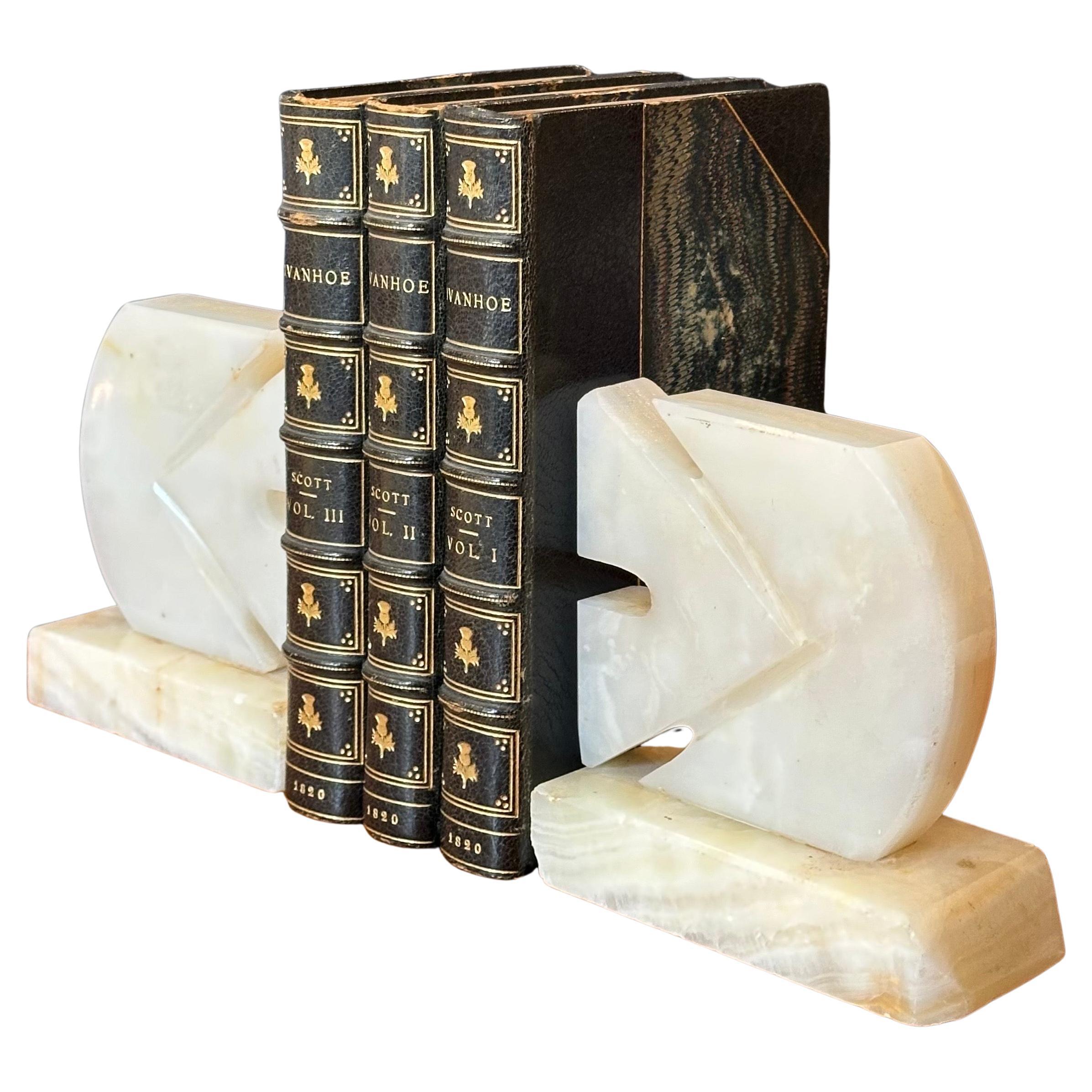 Pair of Mid-Century White Alabaster Sculptural Fish Bookends For Sale