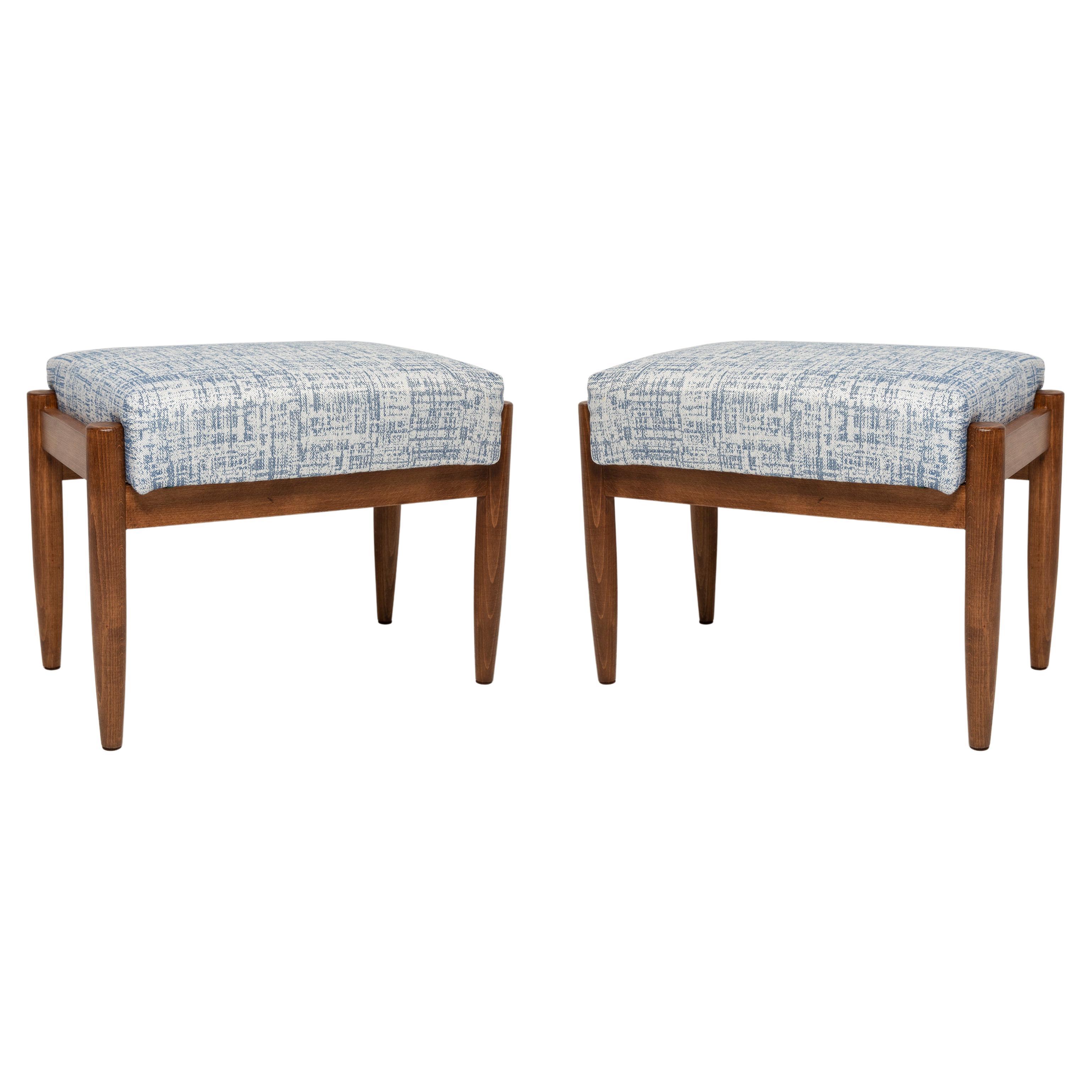 Paar weiße und blaue Vintage-Hocker aus Leinen aus der Mitte des Jahrhunderts, Edmund Homa, 1960er Jahre