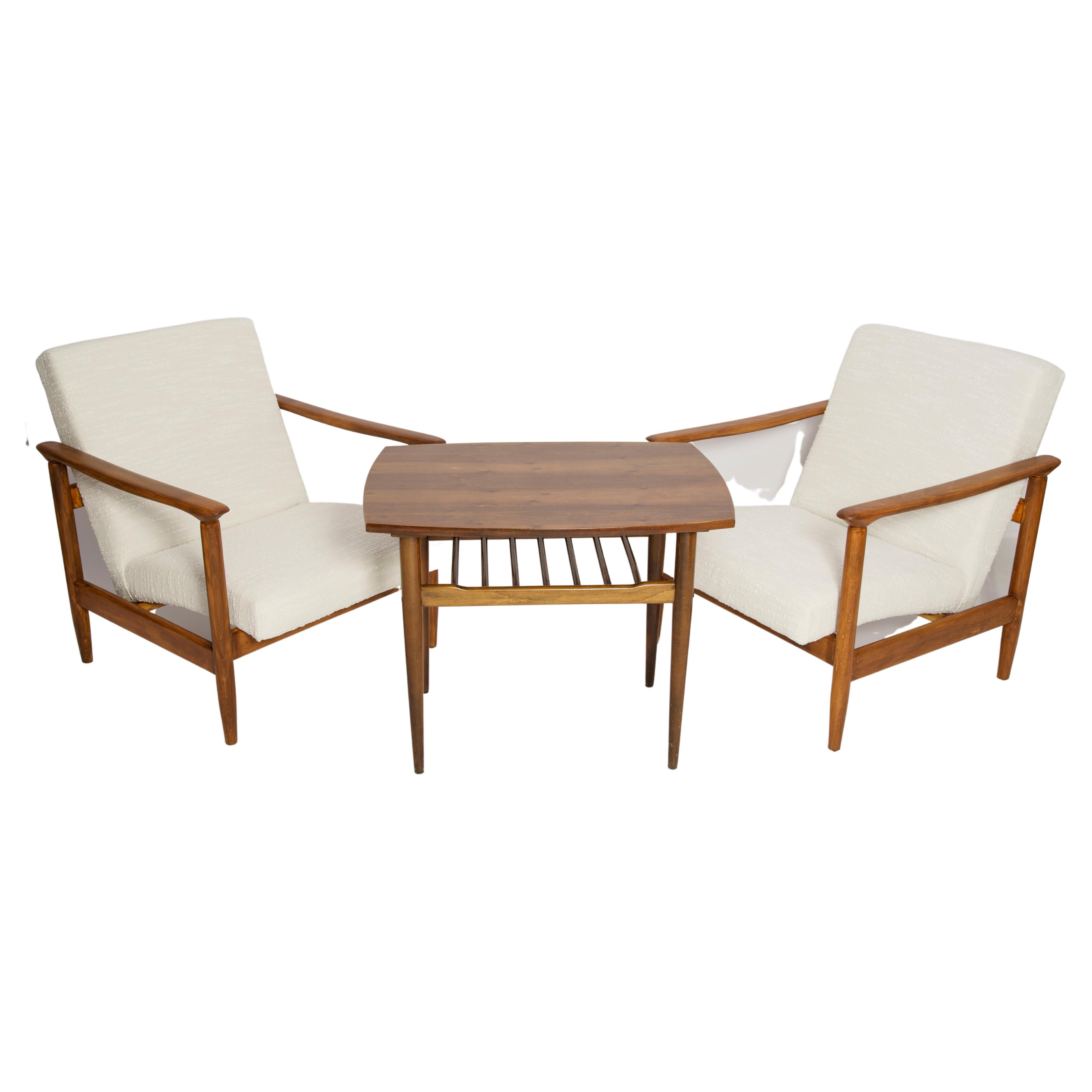Pair of Mid Century White Boucle Armchairs and Table, Edmund Homa, Europe, 1960s For Sale