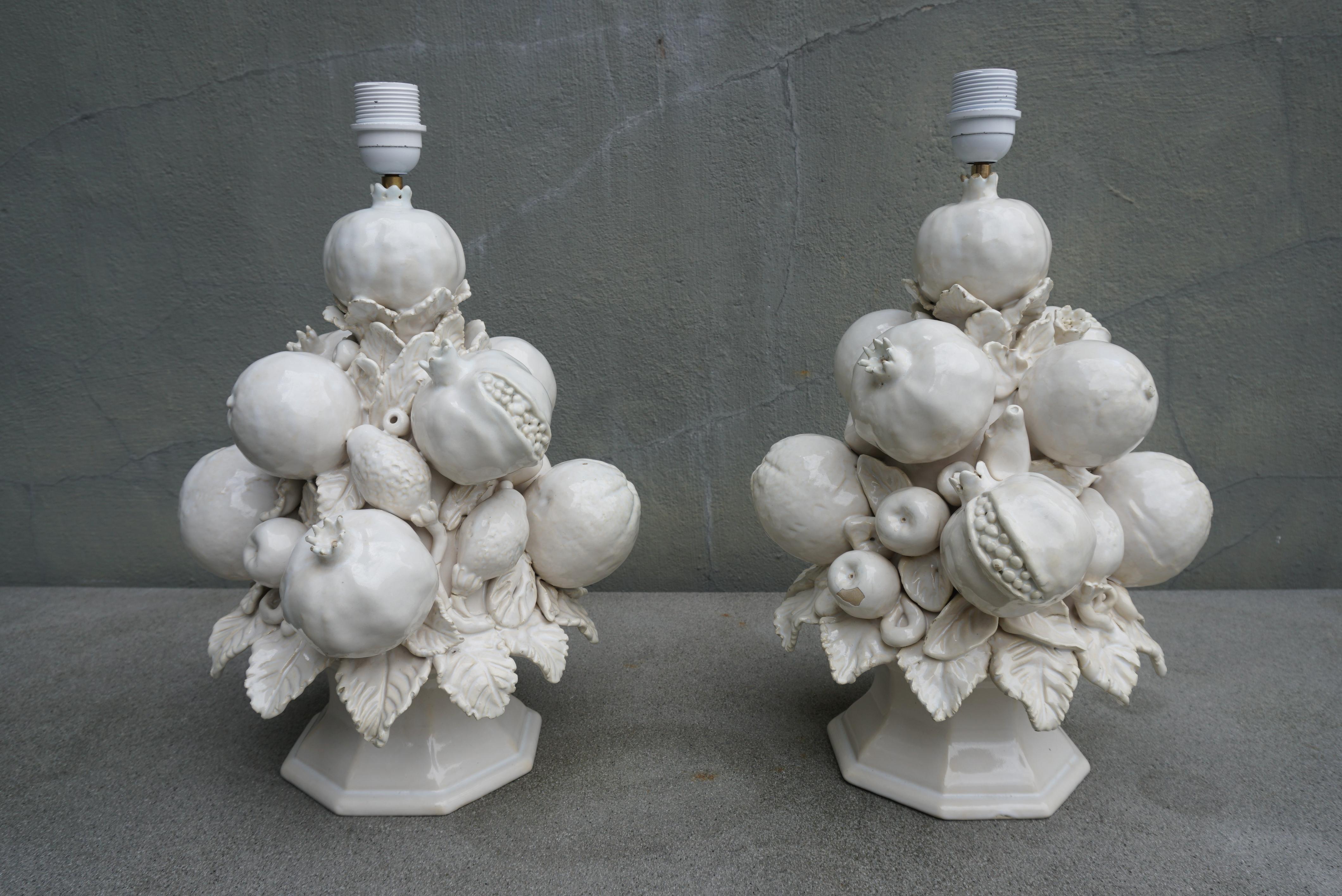 Glazed Pair of Mid-century White Ceramic Table Lamps with Fruit and Leaves  For Sale