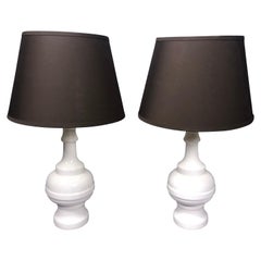 Pair of Midcentury White Crackle Glaze Ceramic Lamps with Black Shades