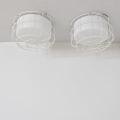 Pair of Mid-Century White Flush Mounts with Metal Cage Protectors, Finland 1960s