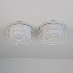 Pair of Mid-Century White Flush Mounts with Metal Cage Protectors, Finland 1960s