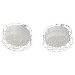 Pair of Mid-Century White Flush Mounts with Metal Cage Protectors, Finland 1960s