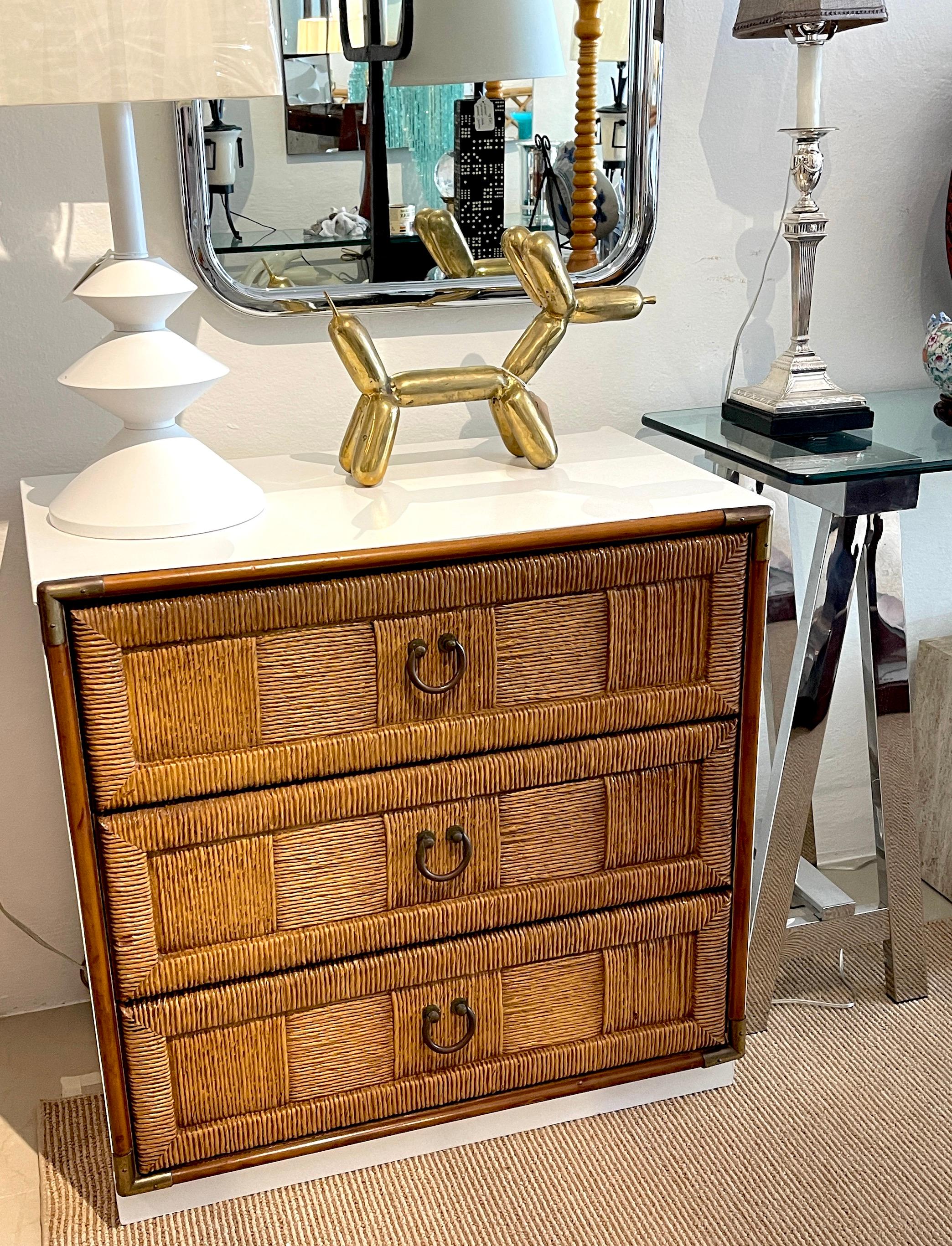 Pair of Mid Century White Lacquered Faux Rattan Chests or Nightstands  4