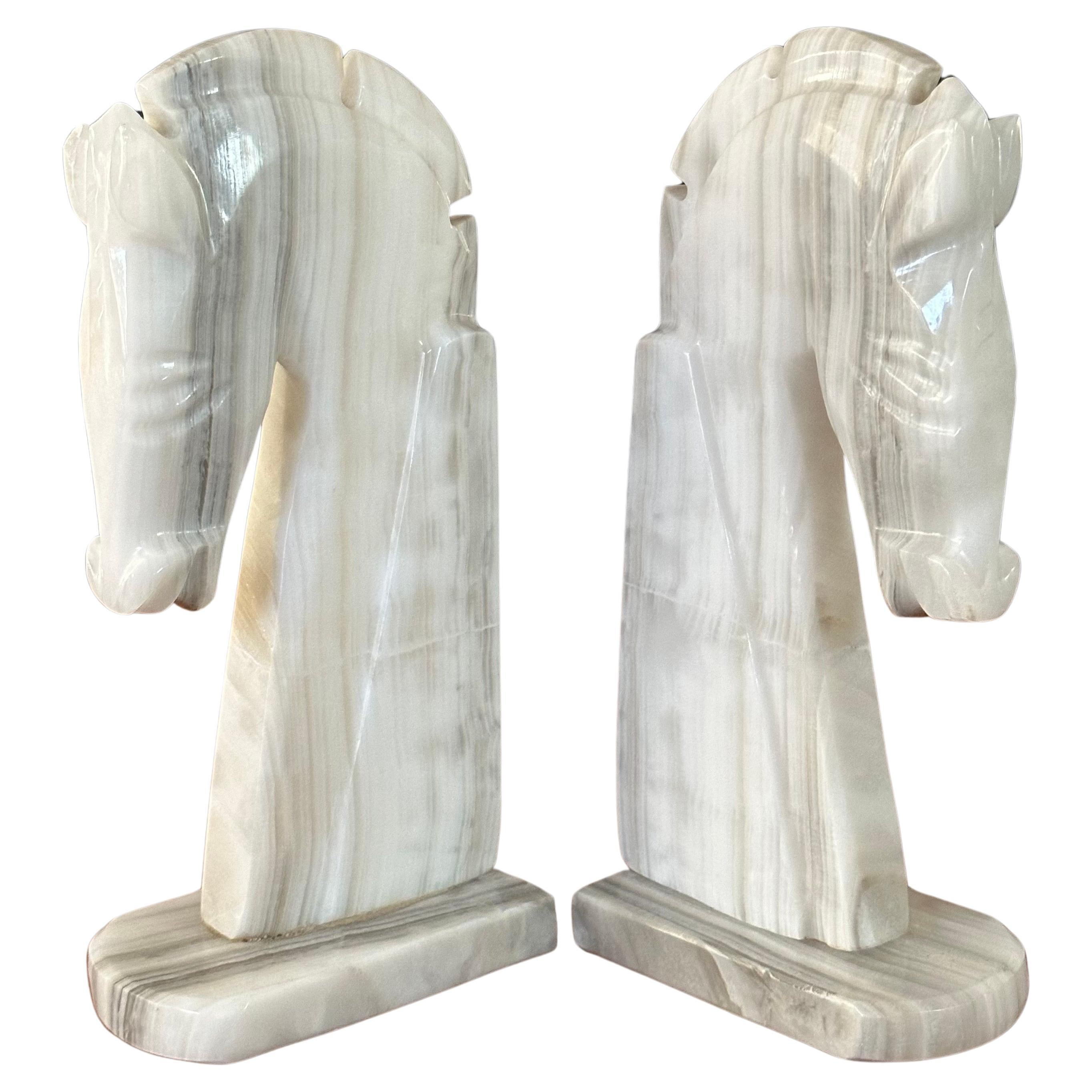 Mid-Century Modern Pair of Mid-Century White Marble Horse Head Bookends For Sale