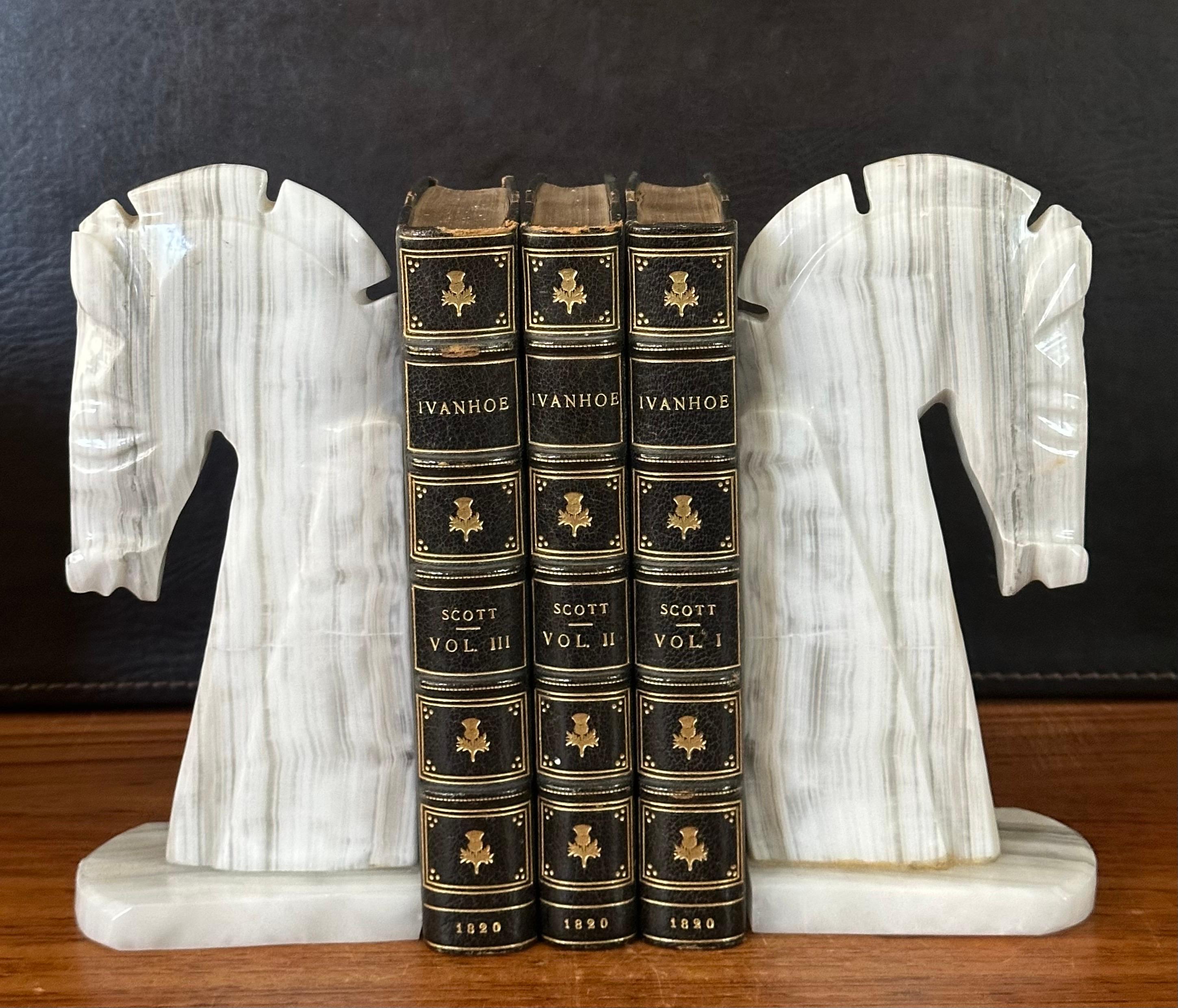 American Pair of Mid-Century White Marble Horse Head Bookends For Sale