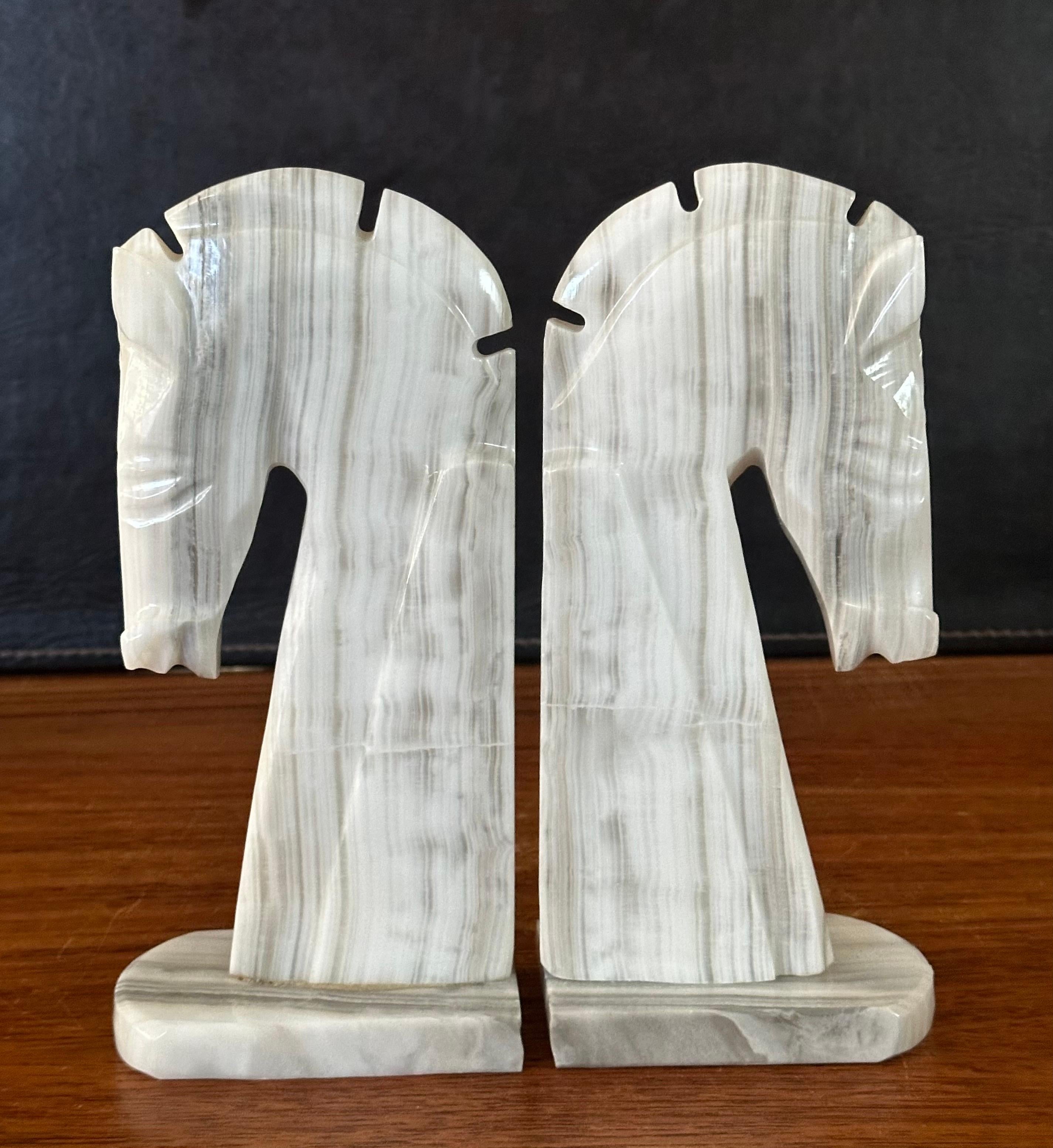 Alabaster Pair of Mid-Century White Marble Horse Head Bookends For Sale