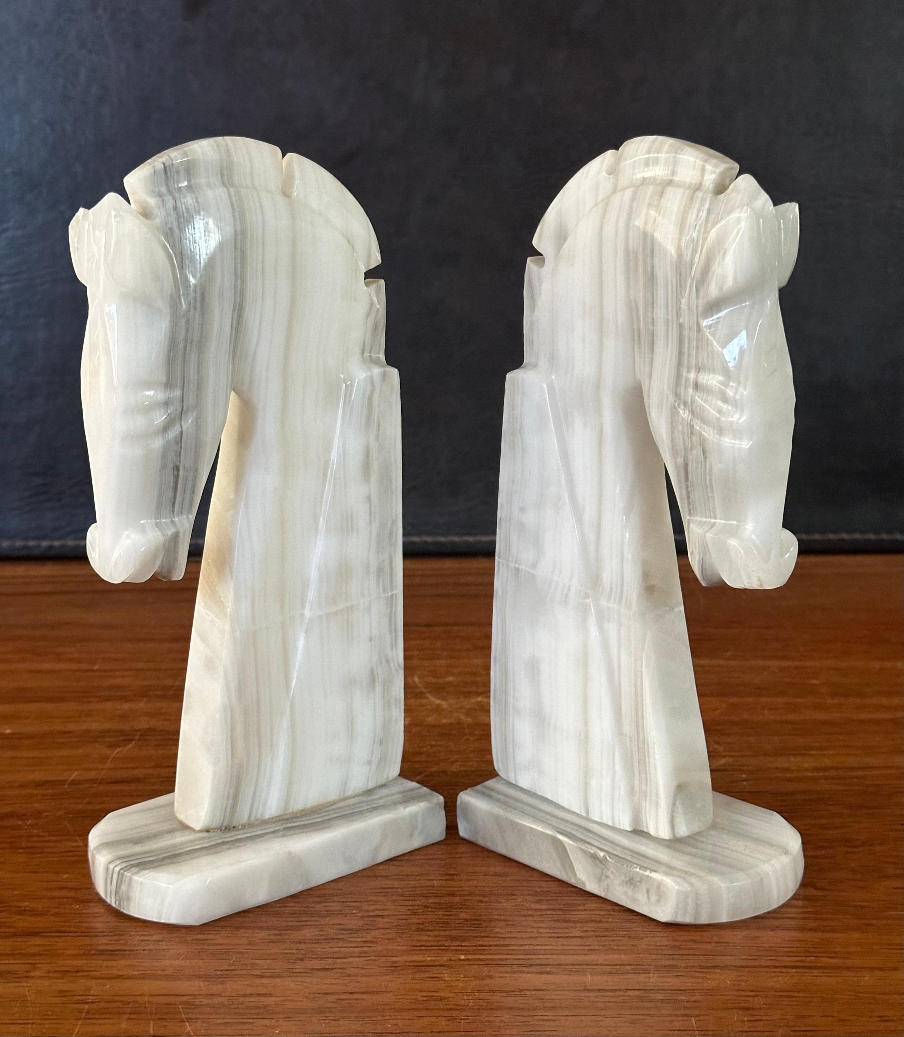 Pair of Mid-Century White Marble Horse Head Bookends For Sale 1