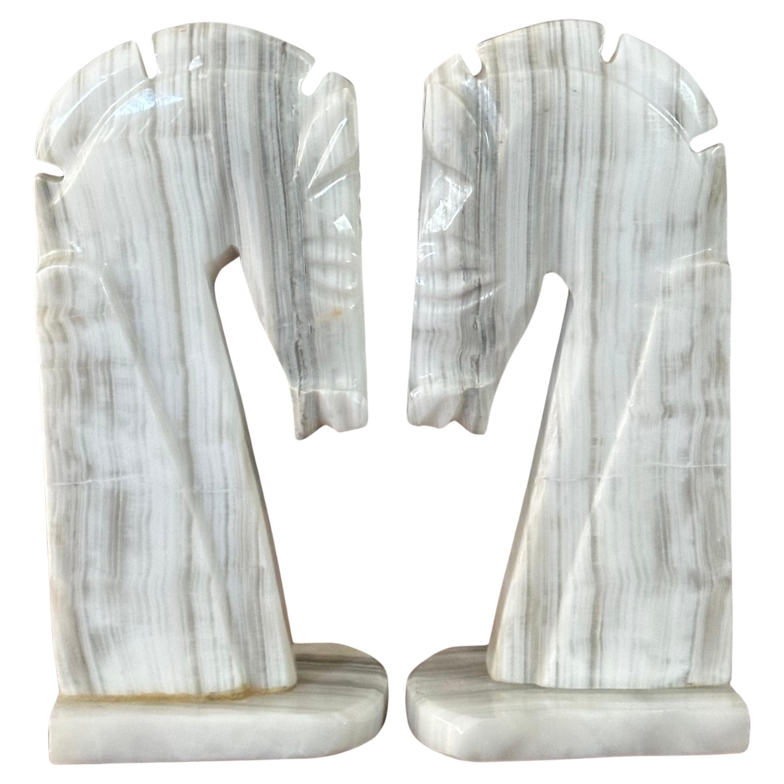 Pair of Mid-Century White Marble Horse Head Bookends For Sale