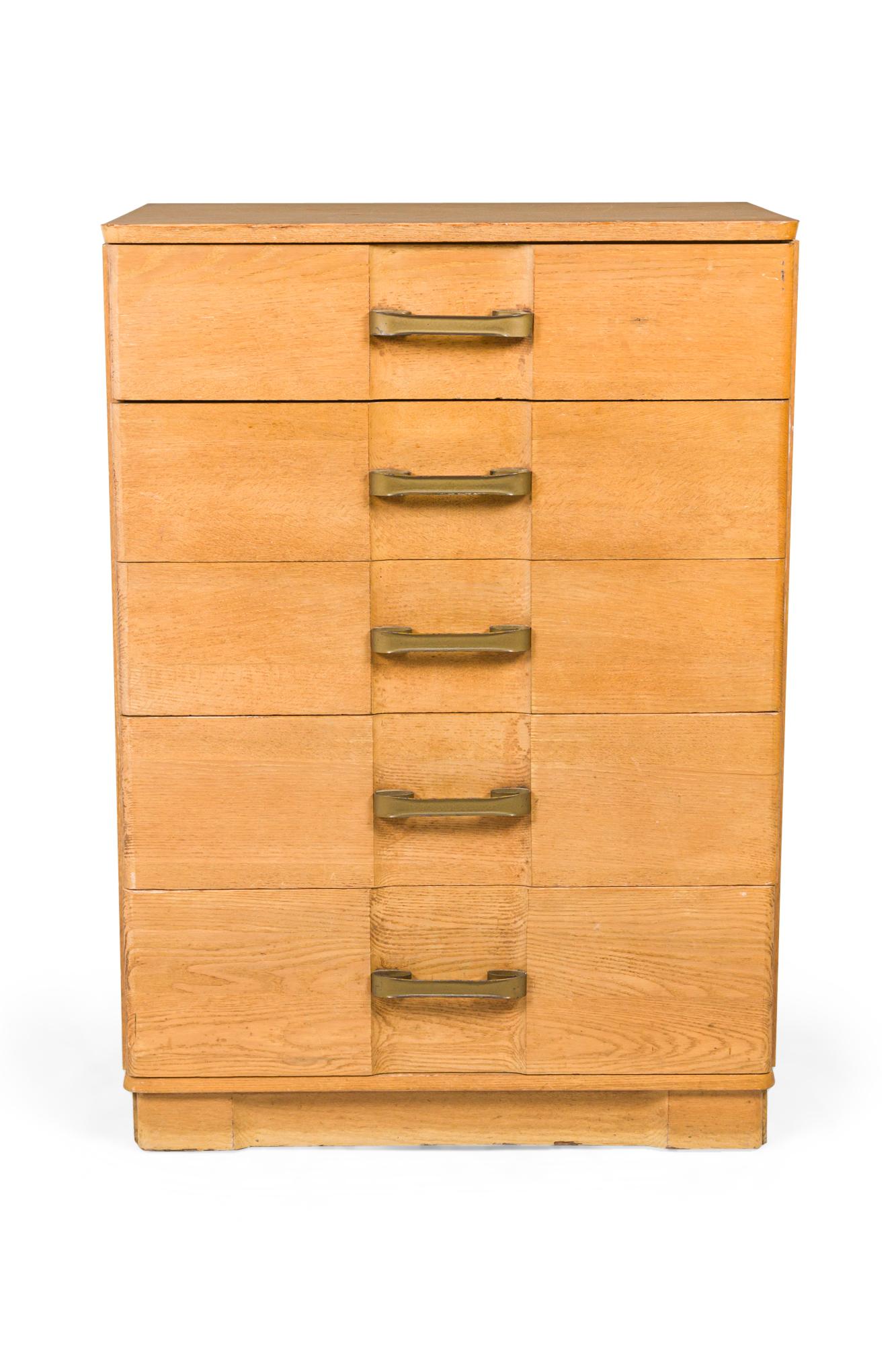 Mid-Century Modern Pair of Mid-Century White Oak Morgan Style Five Drawer Tall Chests For Sale