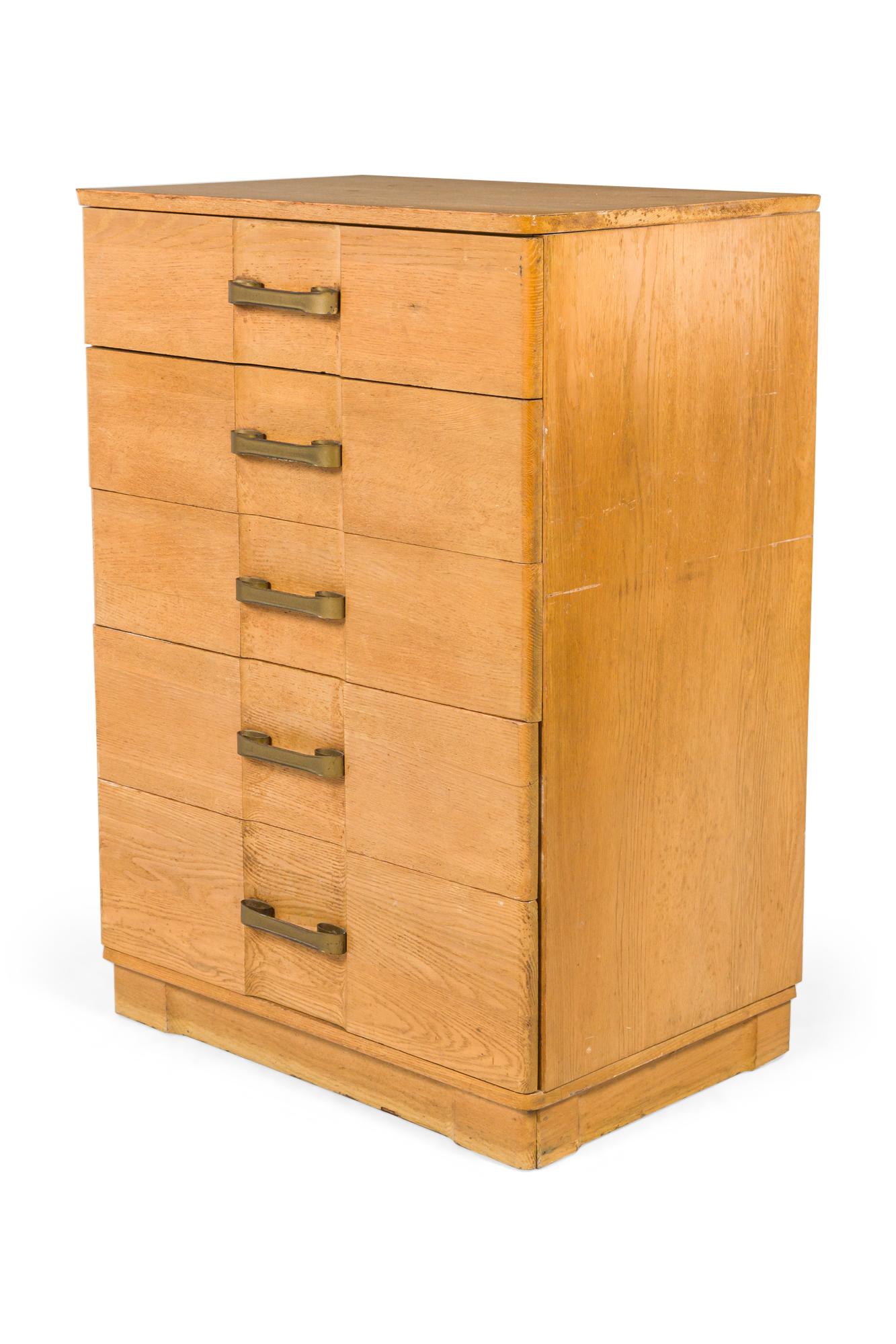 Unknown Pair of Mid-Century White Oak Morgan Style Five Drawer Tall Chests For Sale
