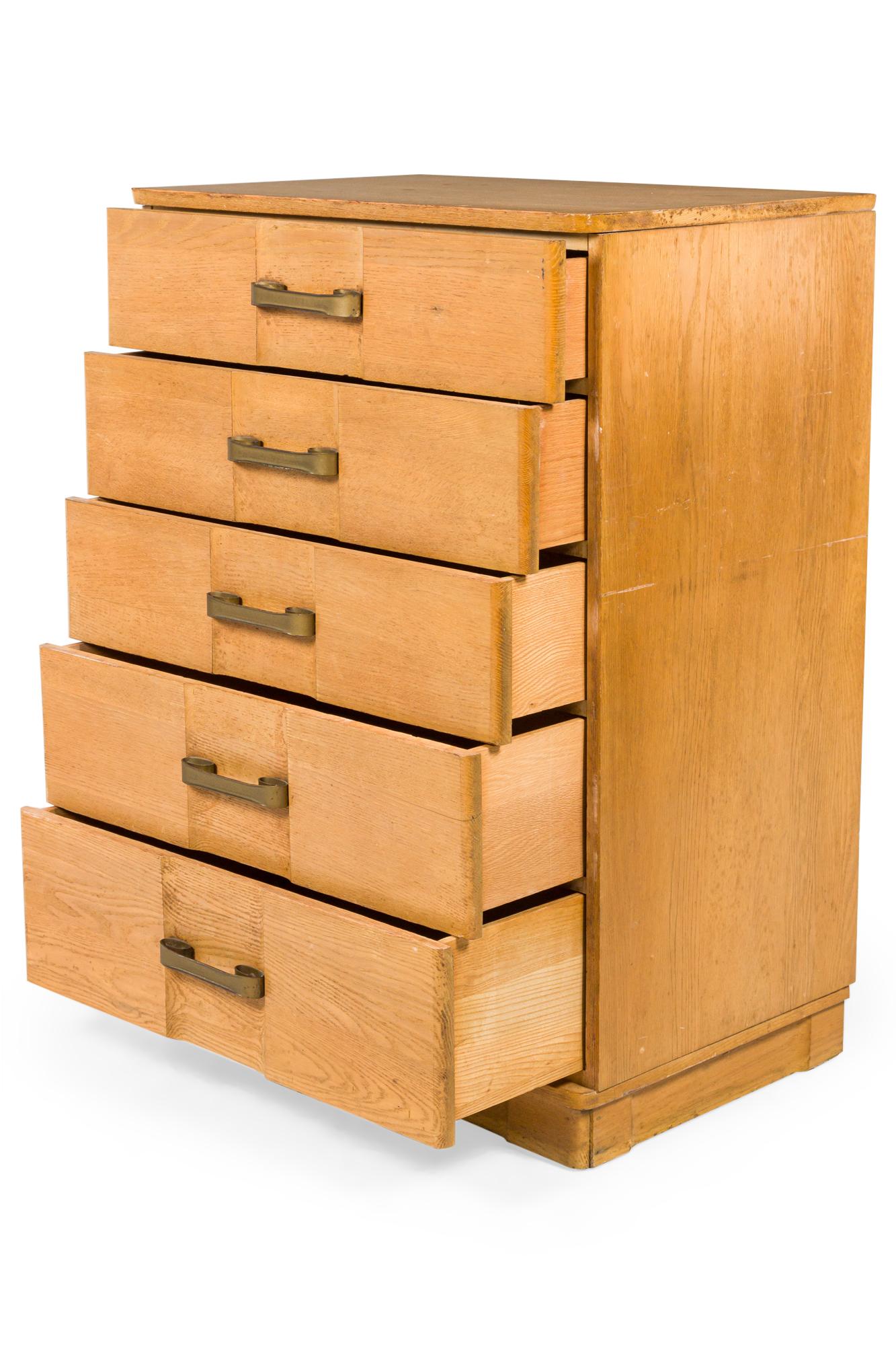 Pair of Mid-Century White Oak Morgan Style Five Drawer Tall Chests In Good Condition For Sale In New York, NY