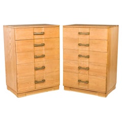 Pair of Mid-Century White Oak Morgan Style Five Drawer Tall Chests