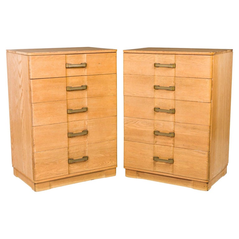 Pair of MidCentury White Oak Style Five Drawer Tall Chests For