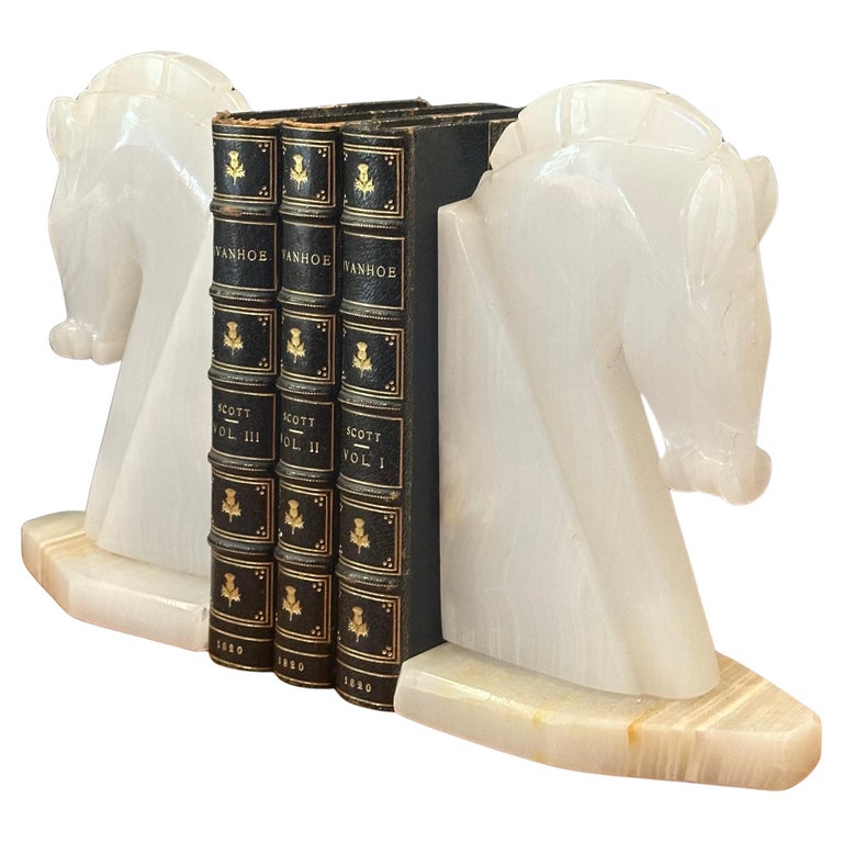 Paire De Serre-livres Tête De Cheval Art Déco – Pierre Onyx Et Marbre – 20 Cm